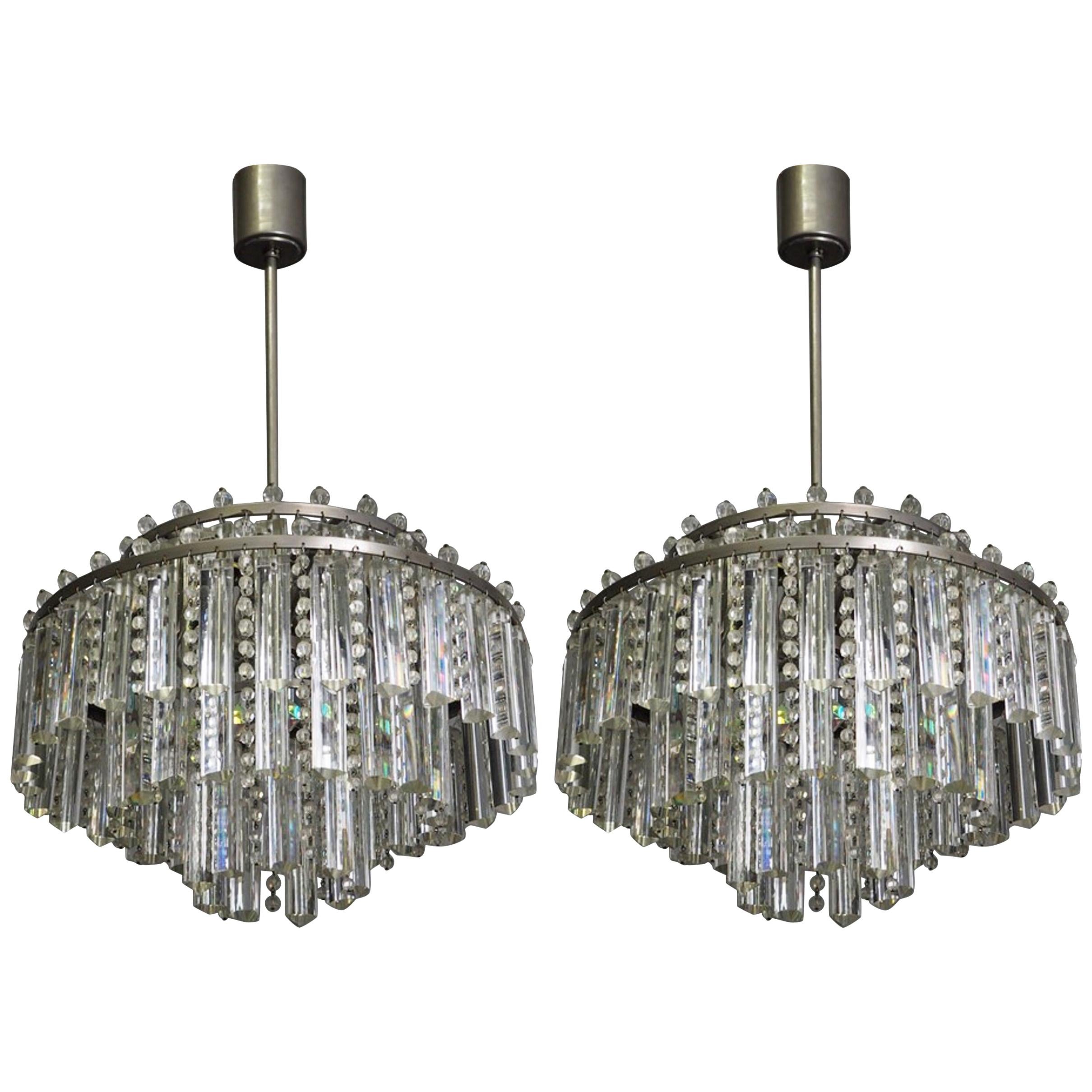 Pair of Rare Heavy Cut Glass and Strass Chandeliers by Palwa, circa 1960s For Sale