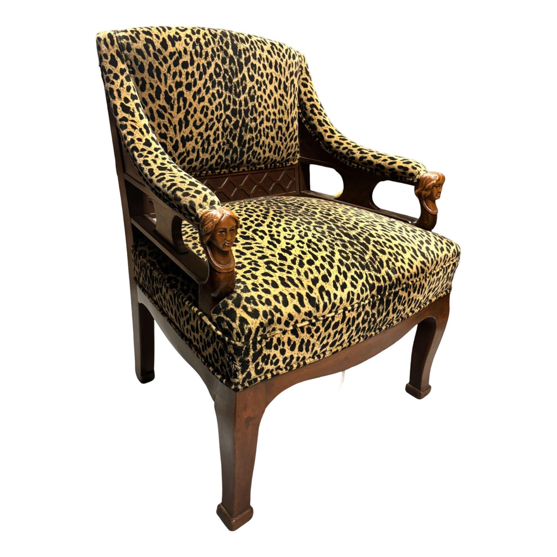 Pair of Rare Hand Carved Empire Style Chairs with Leopard Print Covering In Excellent Condition For Sale In Van Nuys, CA