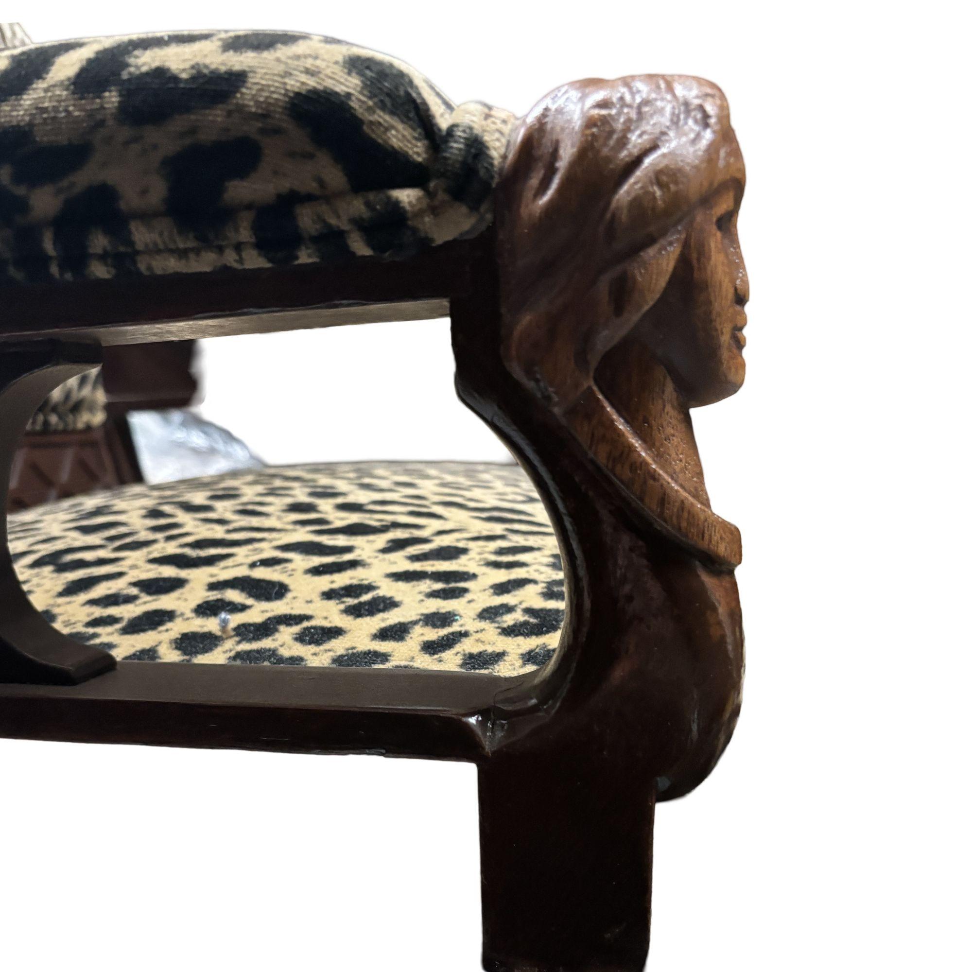 Pair of Rare Hand Carved Empire Style Chairs with Leopard Print Covering For Sale 1
