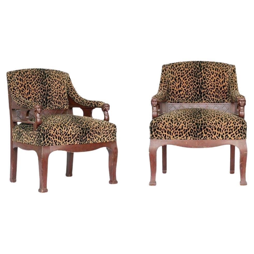 Pair of Rare Hand Carved Empire Style Chairs with Leopard Print Covering