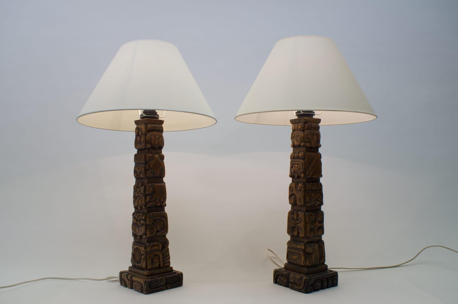 Pair of Rare Hand Carved Wooden Table Lamps from Temde, Switzerland, 1960s For Sale 3