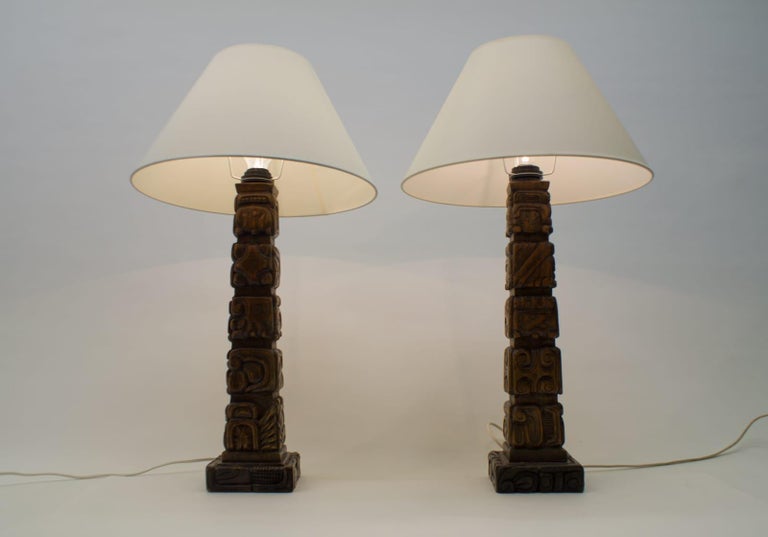 Pair Of Rare Hand Carved Wooden Table Lamps From Temde Switzerland 1960s For Sale At 1stdibs