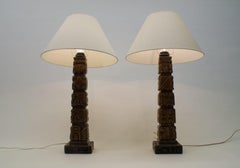 Pair of Rare Hand Carved Wooden Table Lamps from Temde, Switzerland, 1960s