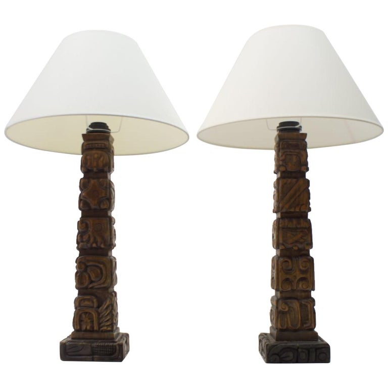Pair Of Rare Hand Carved Wooden Table Lamps From Temde Switzerland 1960s For At 1stdibs Rare Hand Carved Wooden Table Lamps, Large Carved Wooden Table Lamp
