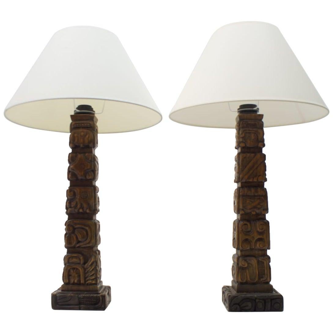 Pair of Rare Hand Carved Wooden Table Lamps from Temde, Switzerland, 1960s For Sale