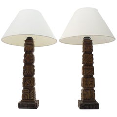 Pair of Rare Hand Carved Wooden Table Lamps from Temde, Switzerland, 1960s