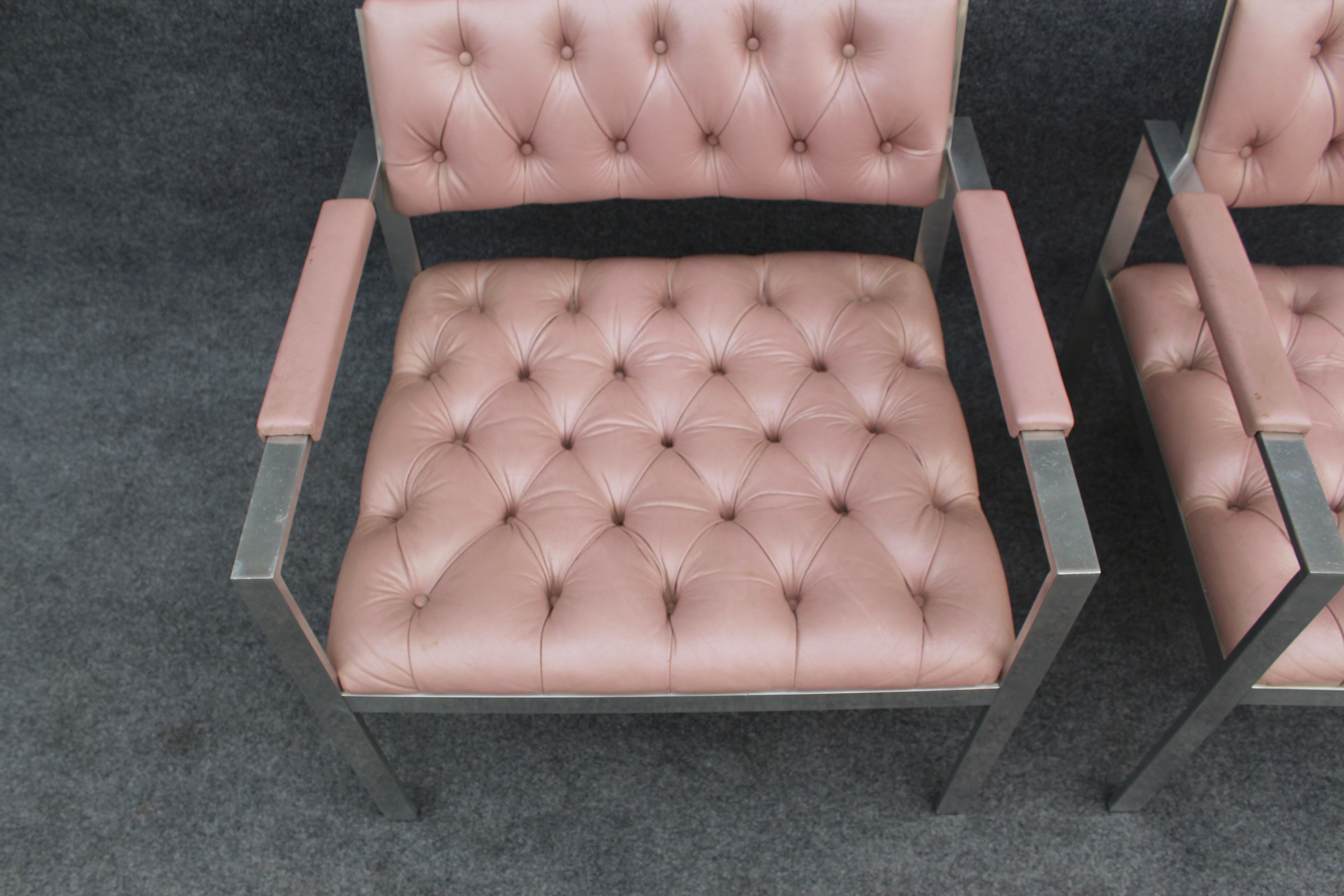 Pair of Rare Harvey Probber Polished Aluminum & Pink Leather Lounge Chairs 1970s For Sale 8