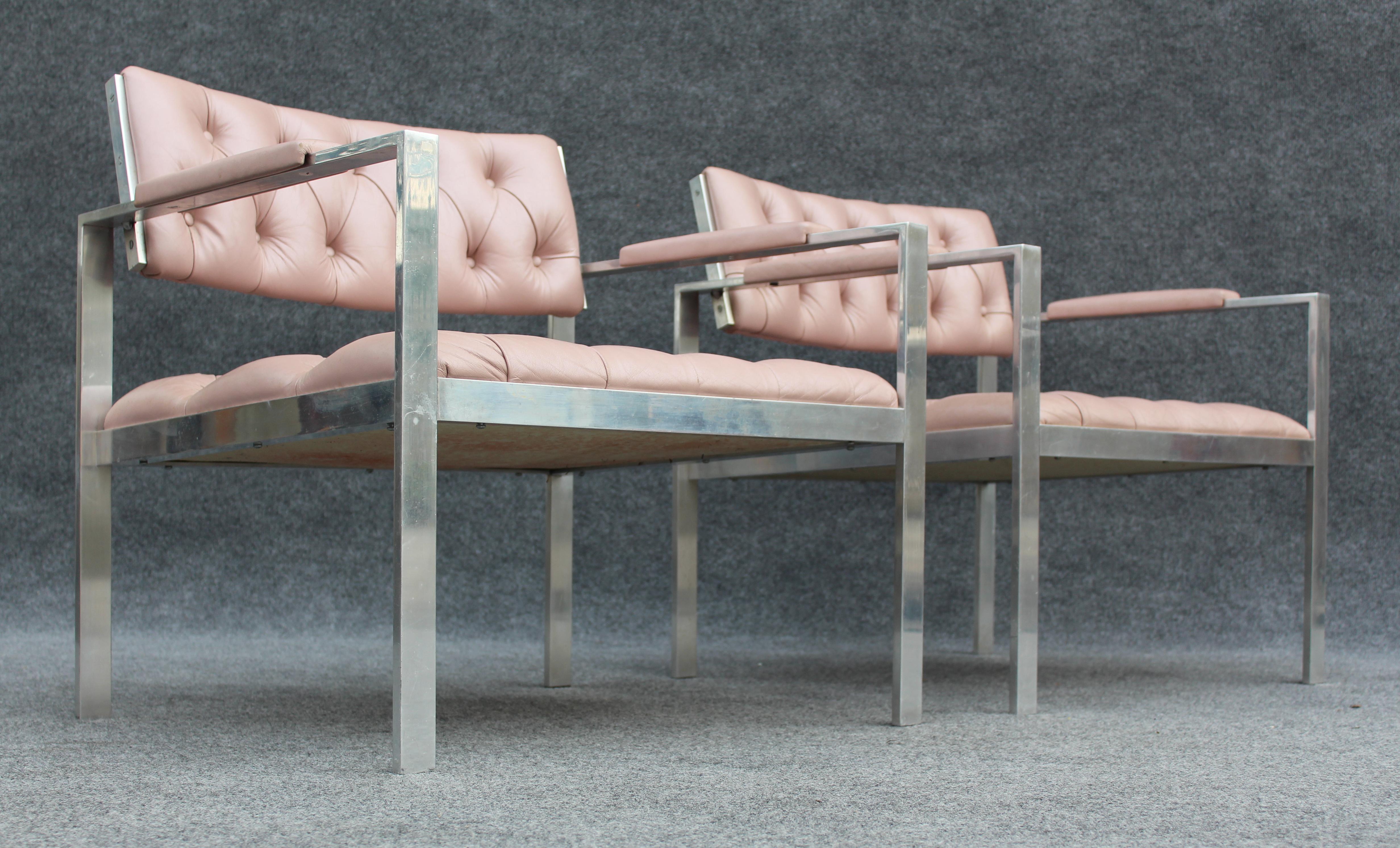Pair of Rare Harvey Probber Polished Aluminum & Pink Leather Lounge Chairs 1970s For Sale 11