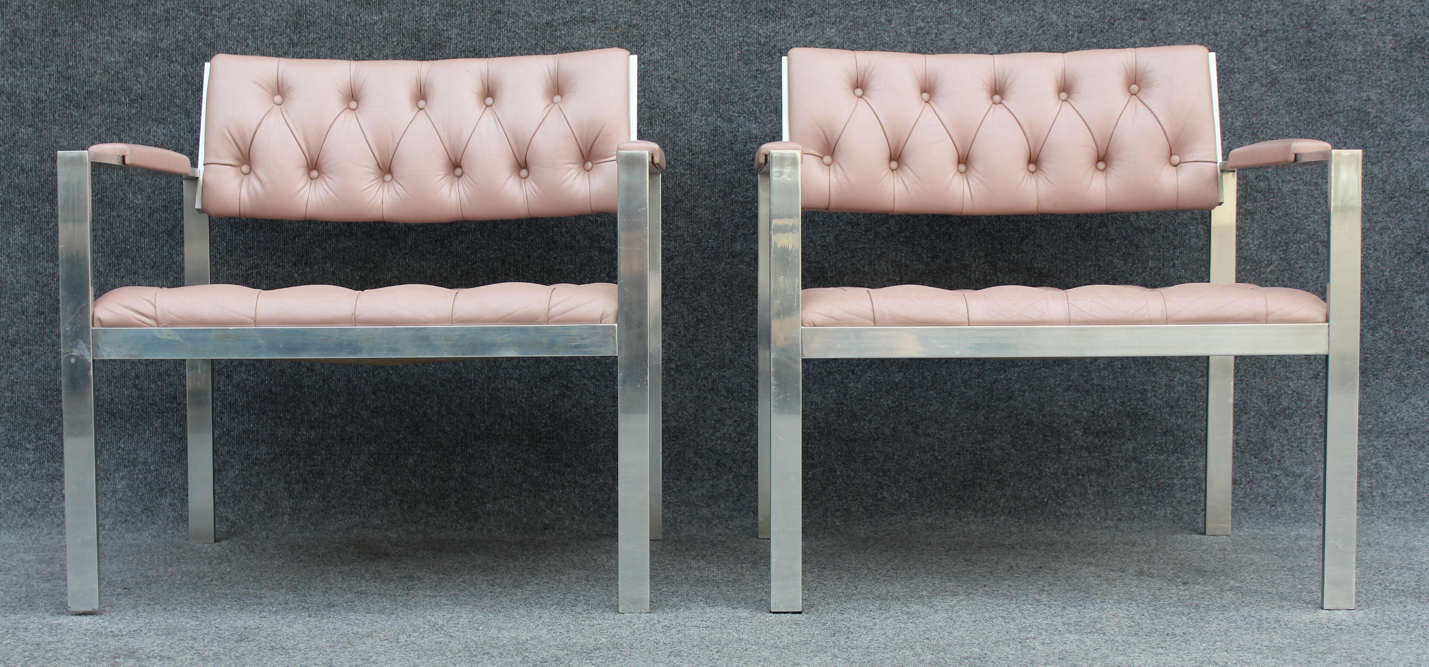 Pair of Rare Harvey Probber Polished Aluminum & Pink Leather Lounge Chairs 1970s For Sale 2