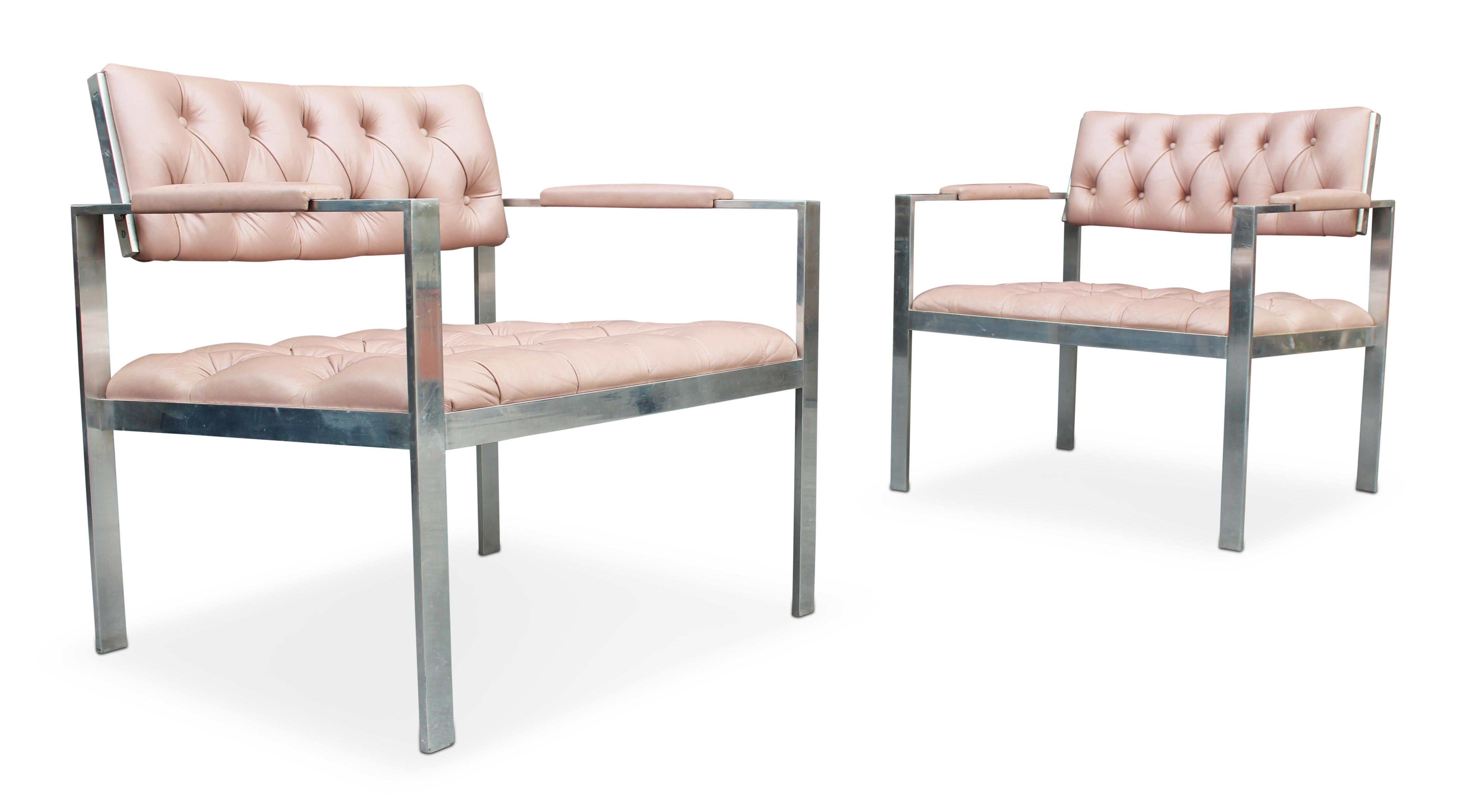 Mid-Century Modern Pair of Rare Harvey Probber Polished Aluminum & Pink Leather Lounge Chairs 1970s For Sale