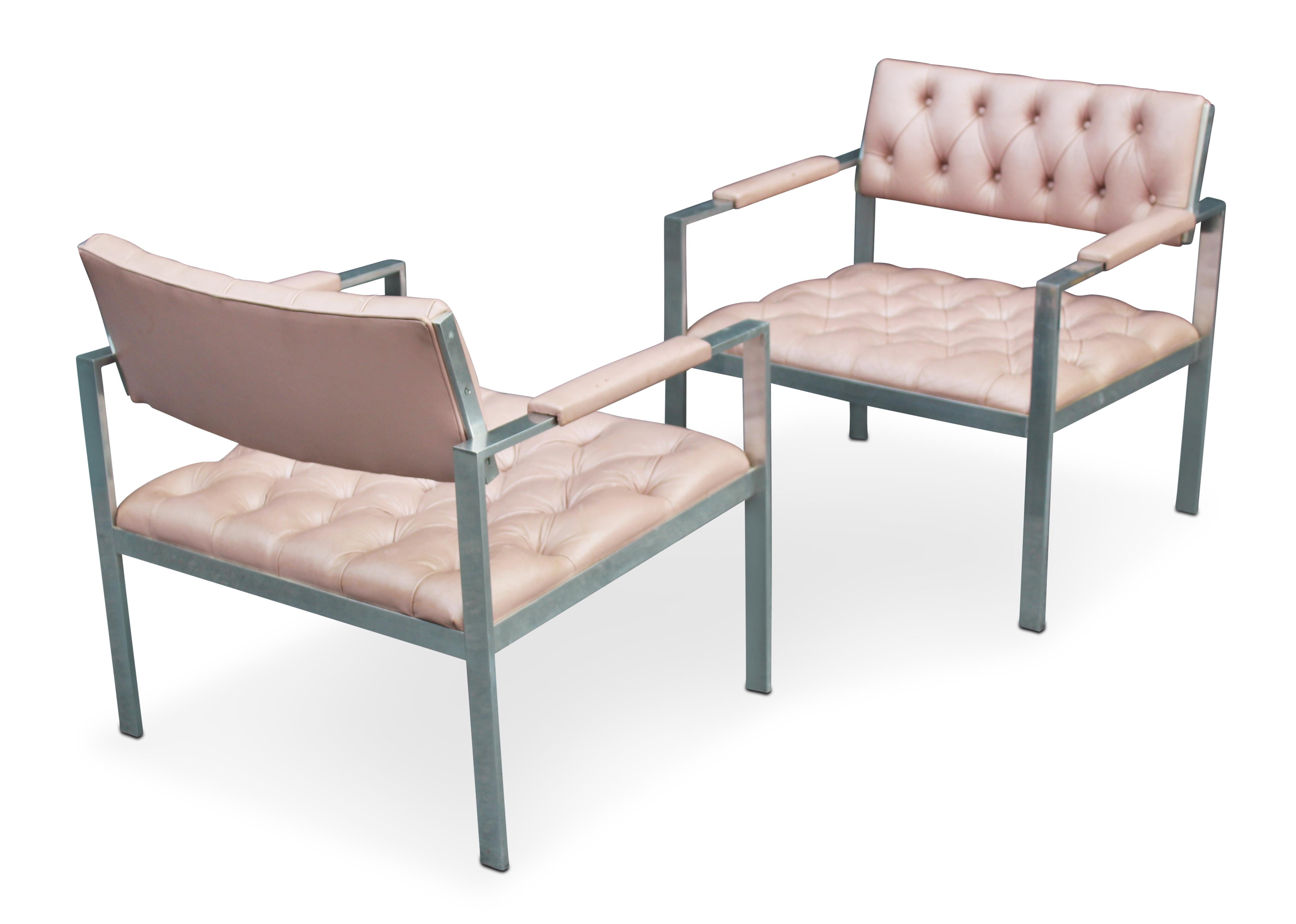 Pair of Rare Harvey Probber Polished Aluminum & Pink Leather Lounge Chairs 1970s In Good Condition For Sale In Philadelphia, PA
