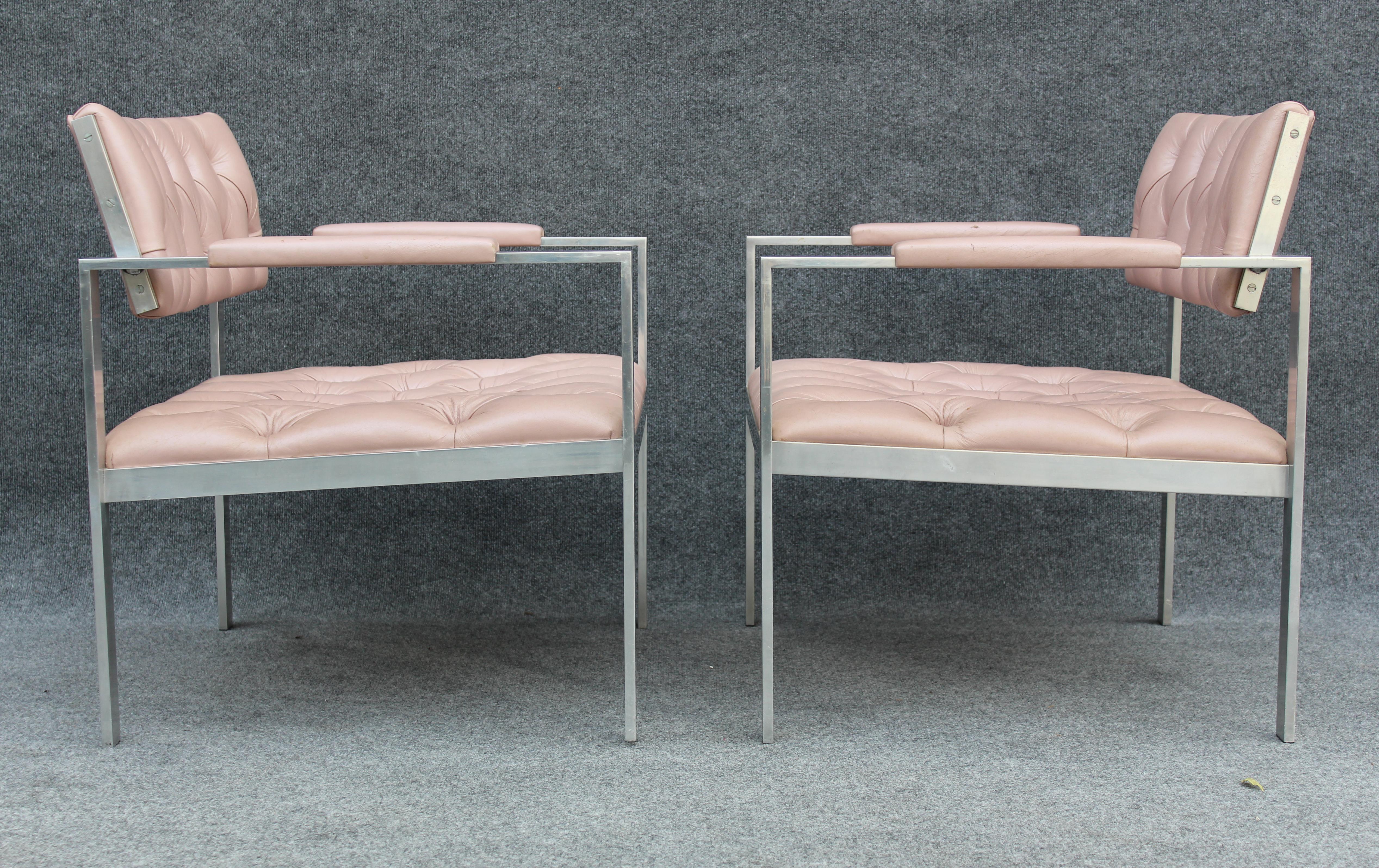 Pair of Rare Harvey Probber Polished Aluminum & Pink Leather Lounge Chairs 1970s For Sale 4