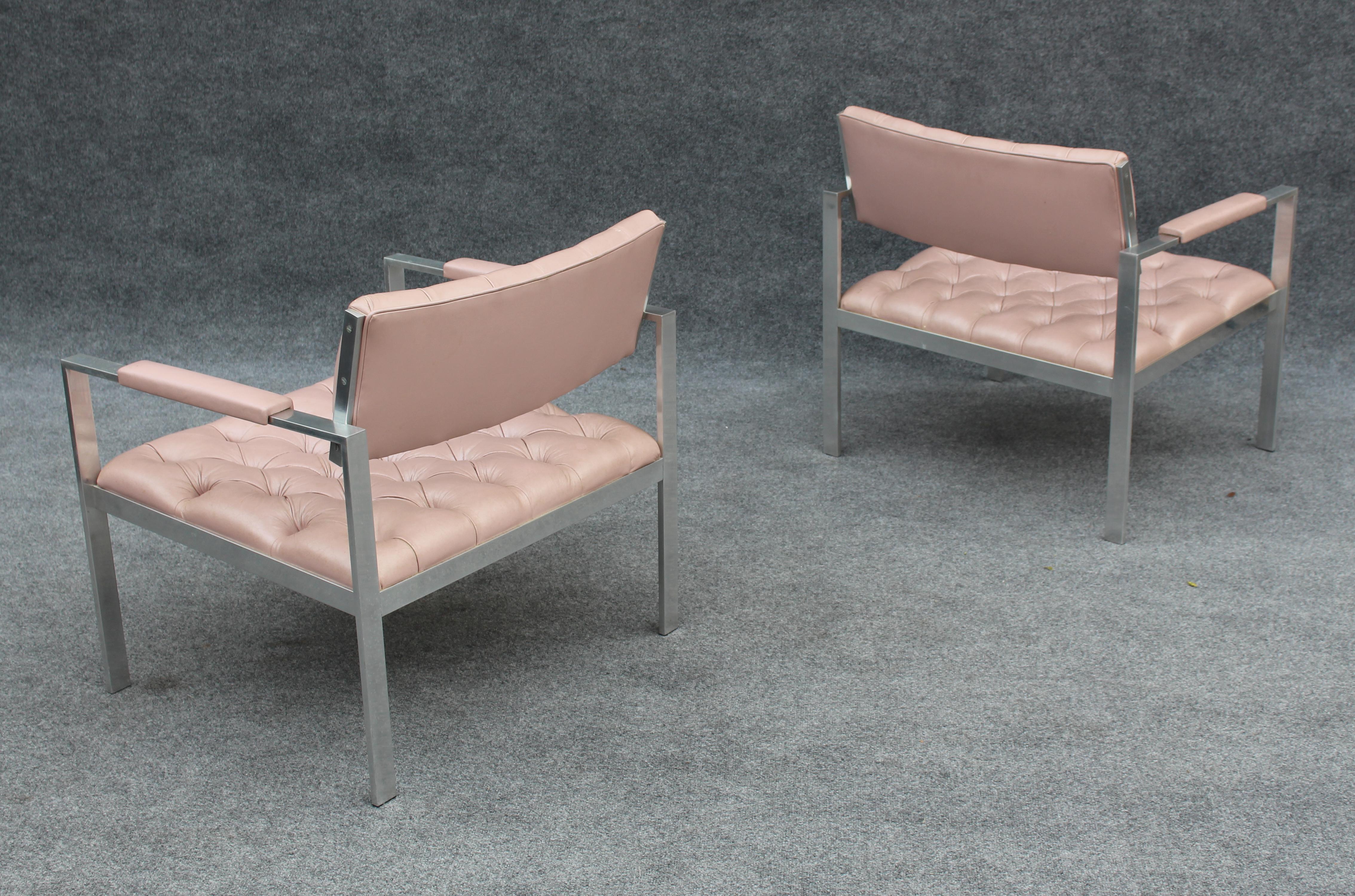 Pair of Rare Harvey Probber Polished Aluminum & Pink Leather Lounge Chairs 1970s For Sale 5