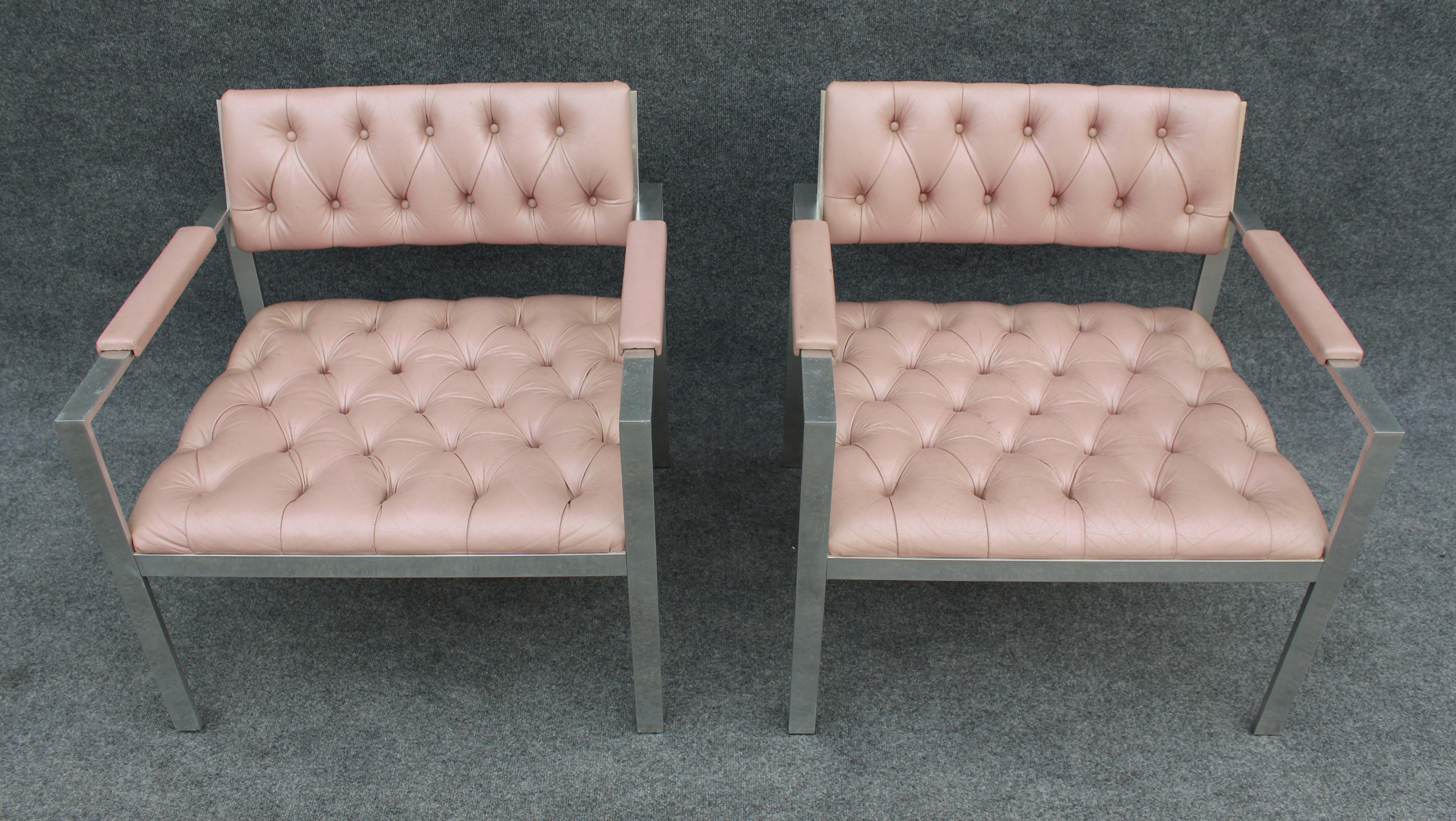 Pair of Rare Harvey Probber Polished Aluminum & Pink Leather Lounge Chairs 1970s For Sale 6