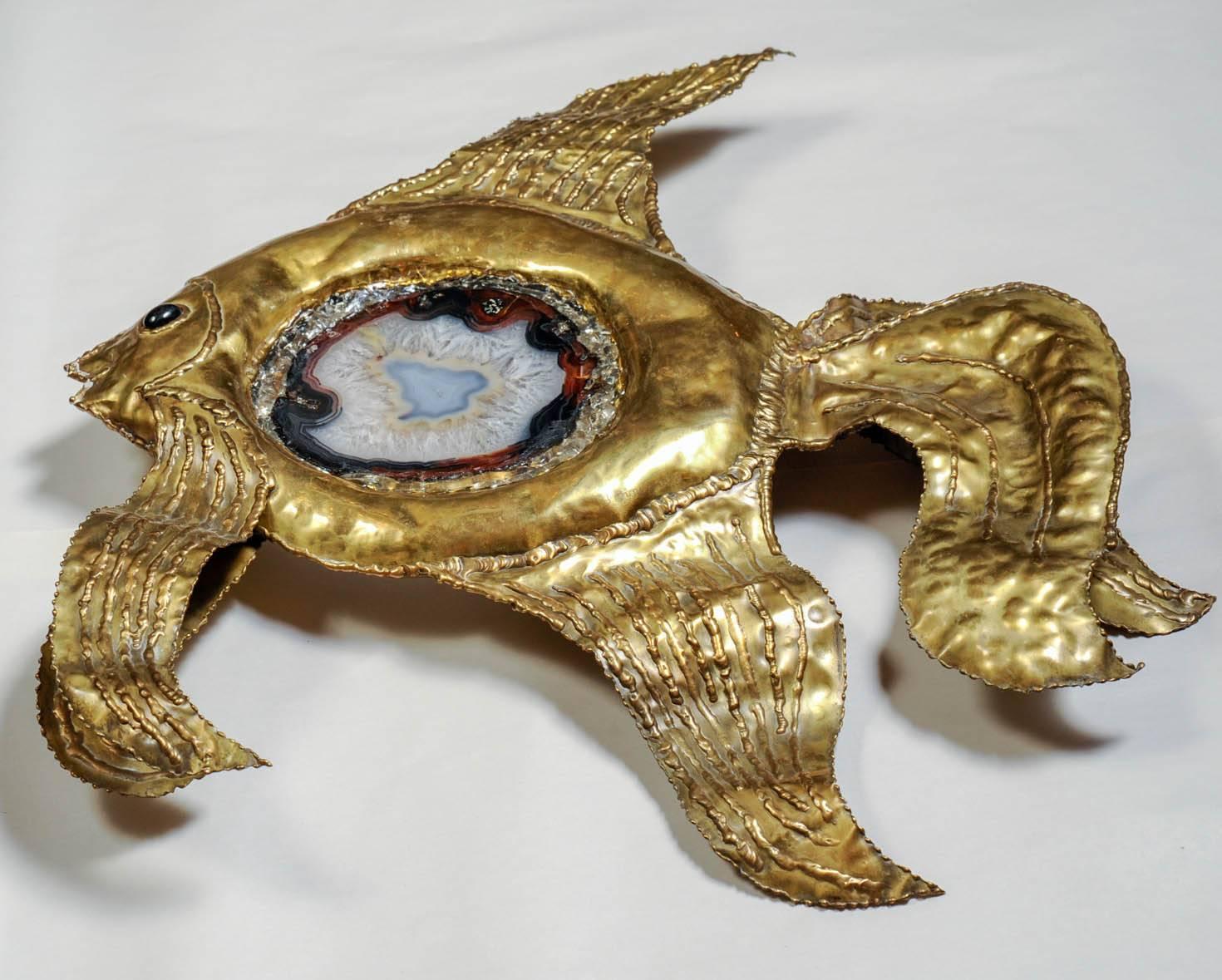 Pair of Rare Henri Fernandez Fish Wall Sconces with Agates In Good Condition In Saint-Ouen, IDF