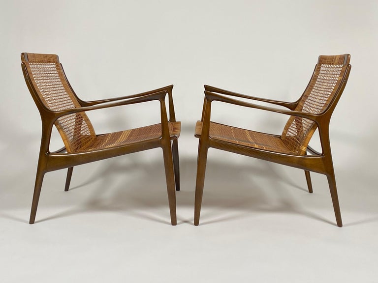 Scandinavian Modern Pair of Rare Ib Kofod, Larsen Cane Back & Seat Armchairs