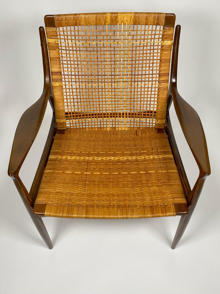 Pair of Rare Ib Kofod, Larsen Cane Back & Seat Armchairs In Good Condition In San Francisco, CA