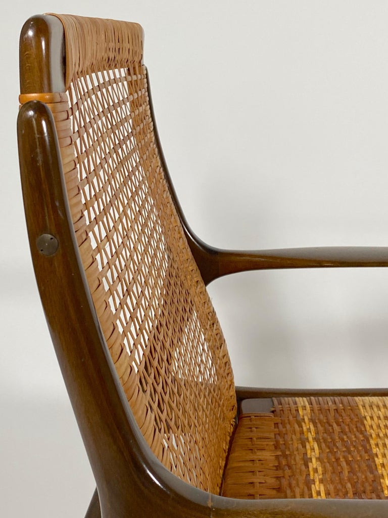 Wood Pair of Rare Ib Kofod, Larsen Cane Back & Seat Armchairs