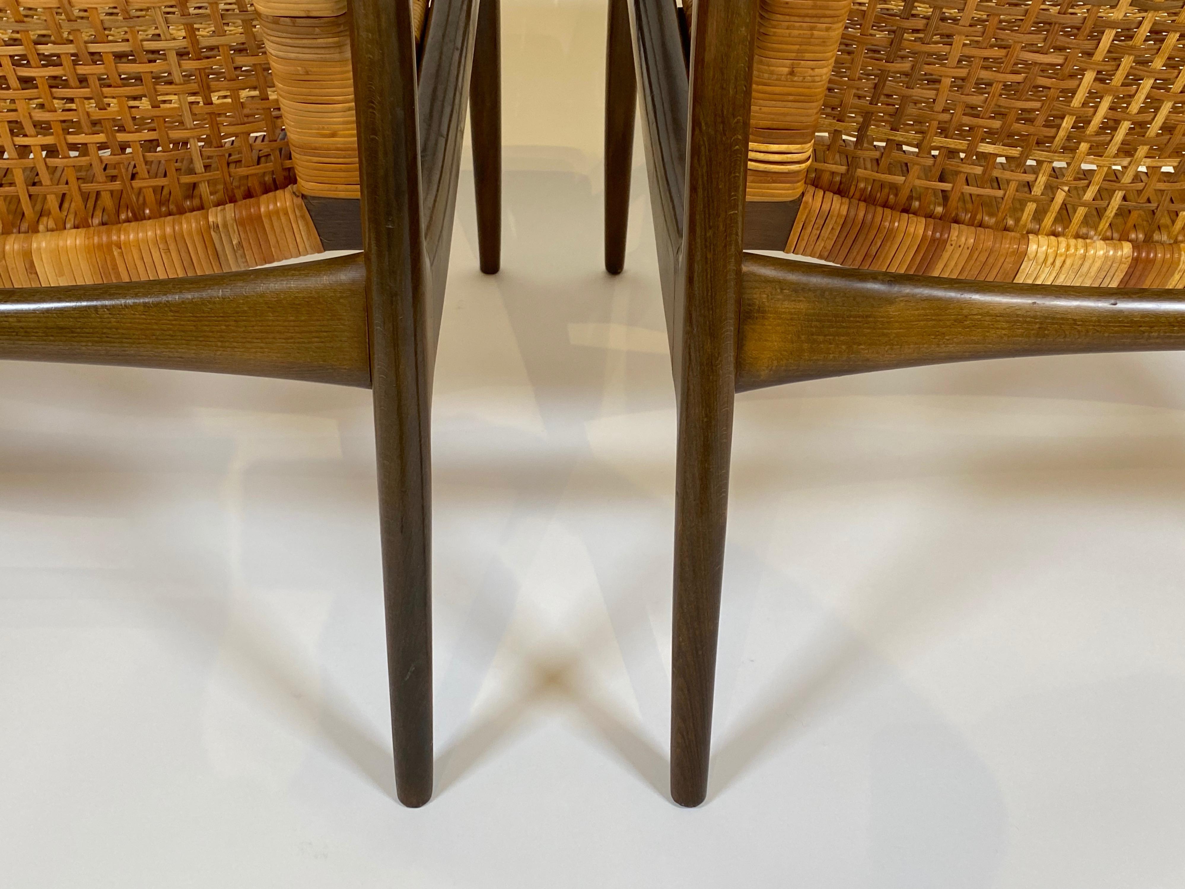 Pair of Rare Ib Kofod, Larsen Cane Back & Seat Armchairs In Good Condition In Oakland, CA