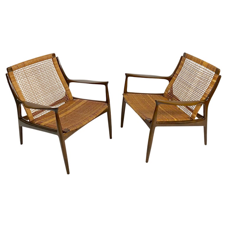 Pair of Rare Ib Kofod, Larsen Cane Back & Seat Armchairs