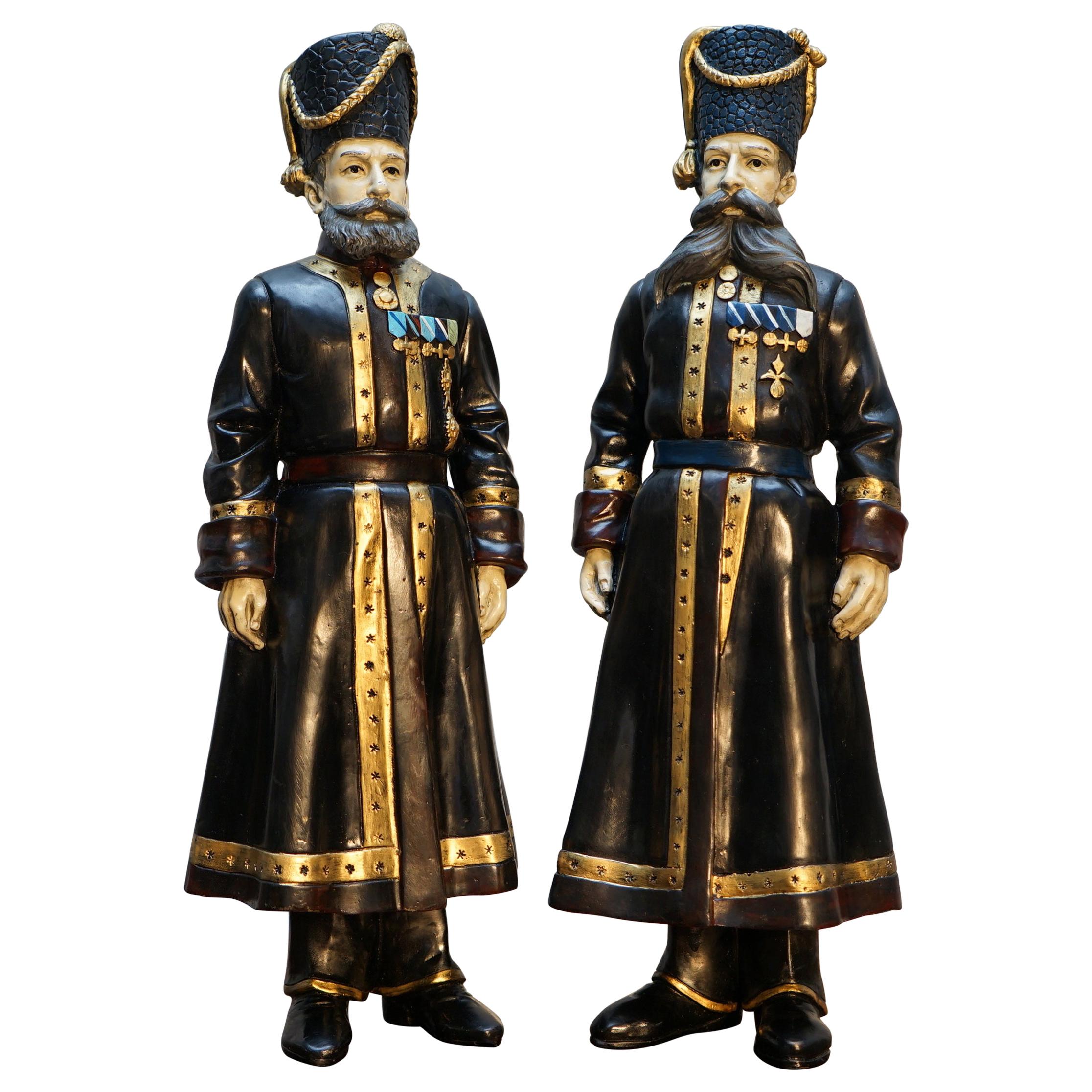 Pair of Rare Important Statues Signed Faberge 1912 Russian Kamer Kazak Bodyguard