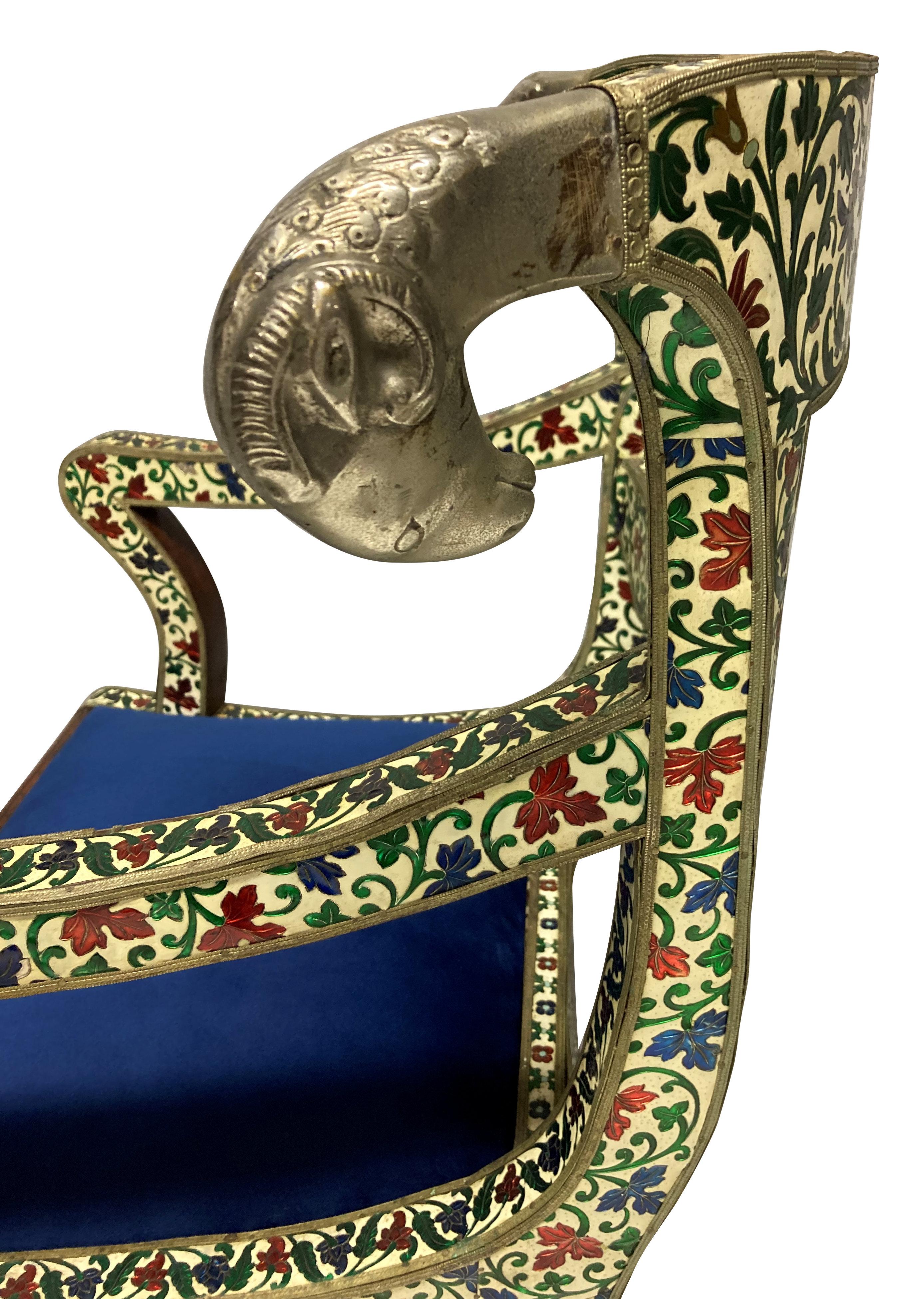 Pair of Rare Indian Cloisonne & Silver Armchairs In Good Condition For Sale In London, GB