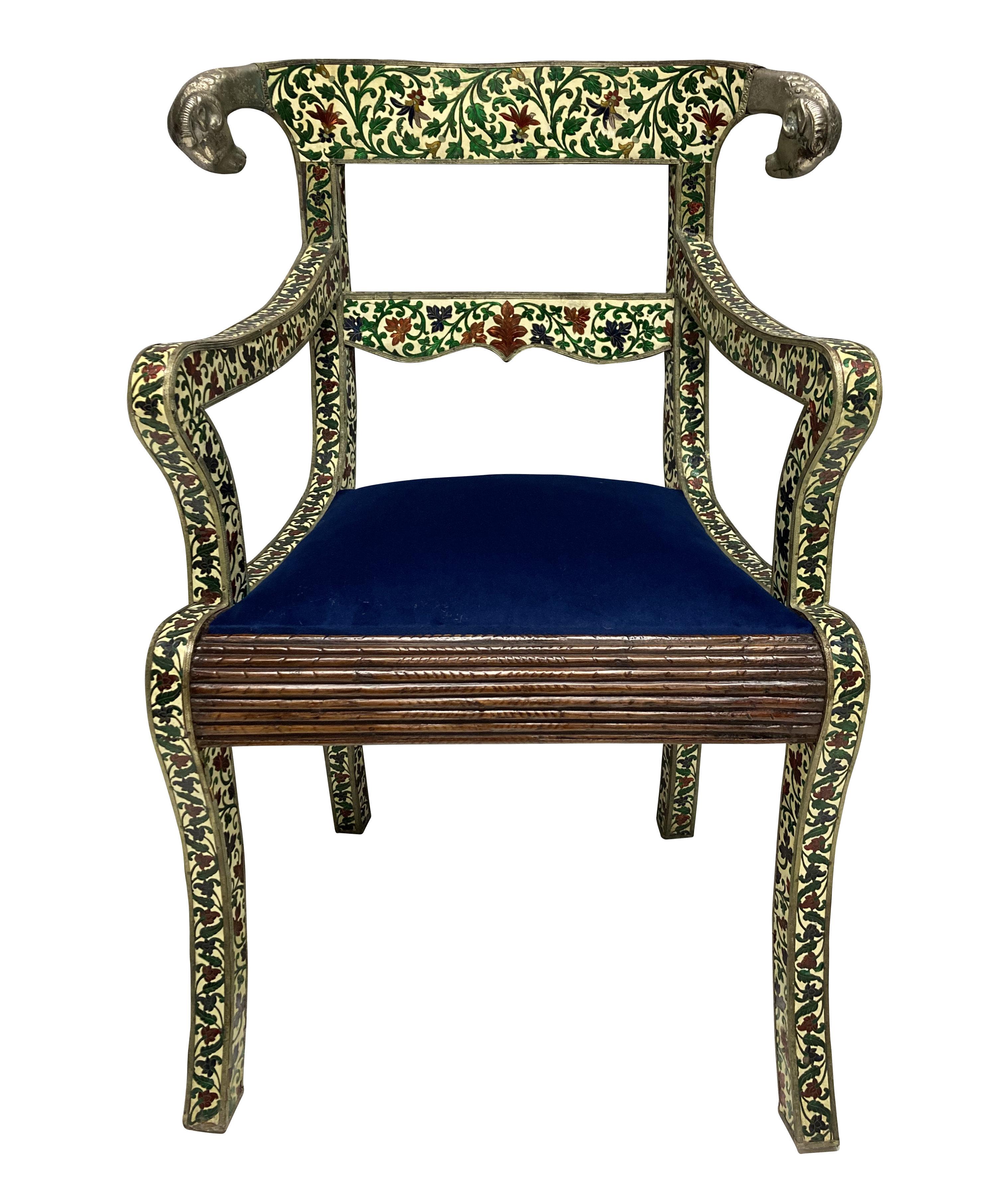 Pair of Rare Indian Cloisonne & Silver Armchairs For Sale 1