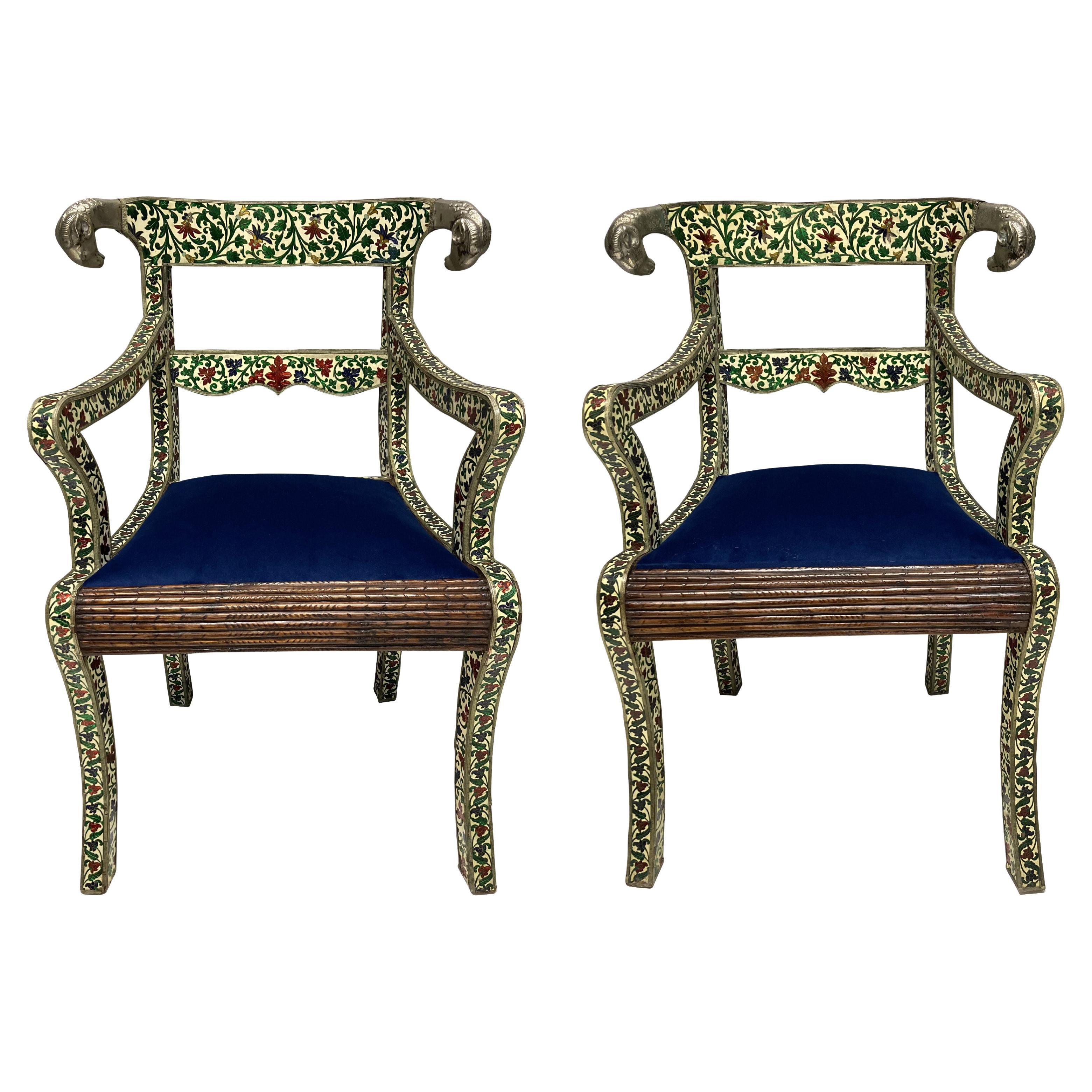 Pair of Rare Indian Cloisonne & Silver Armchairs For Sale