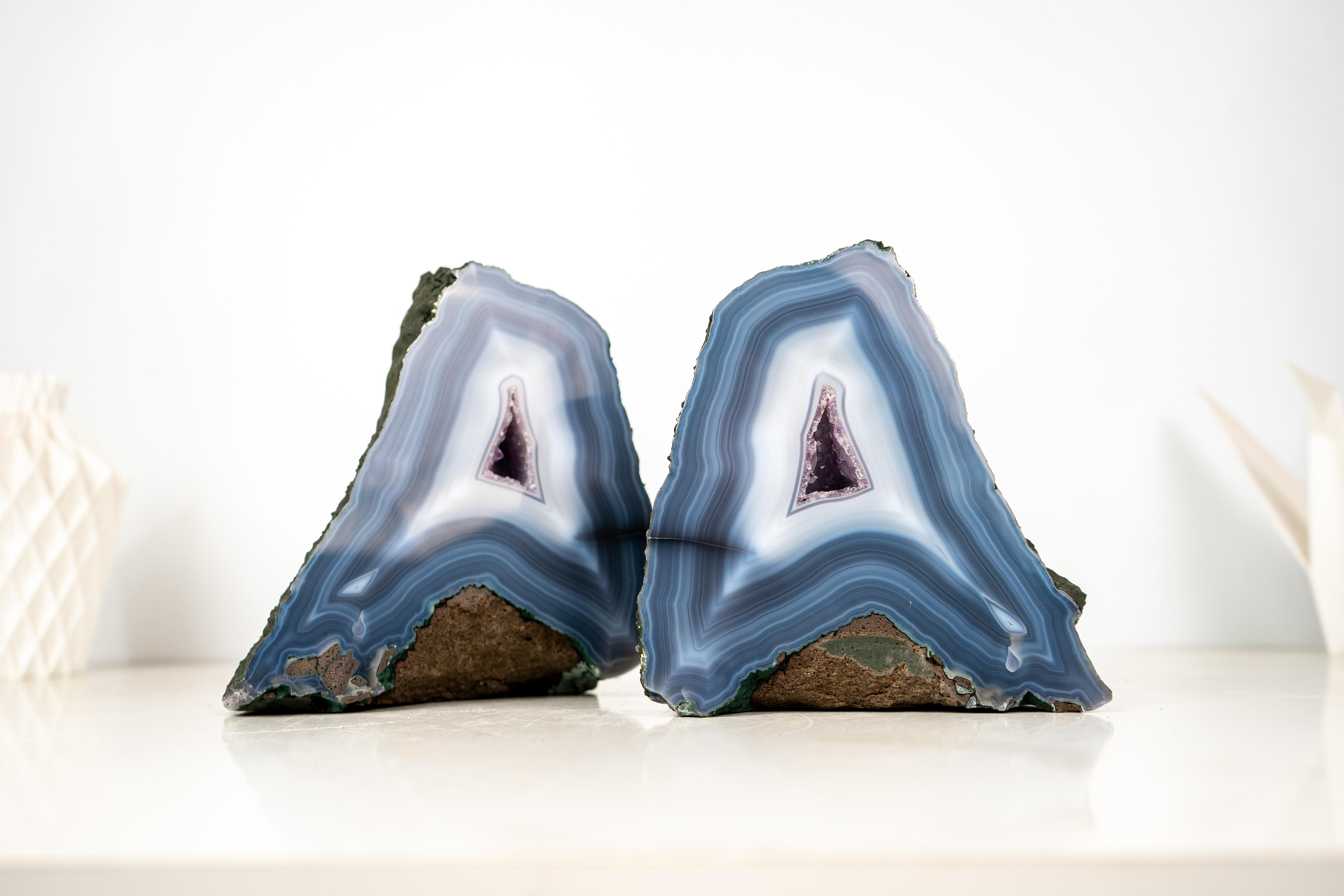 Pair of Rare Intact Blue & White Lace Agate Geodes For Sale 4