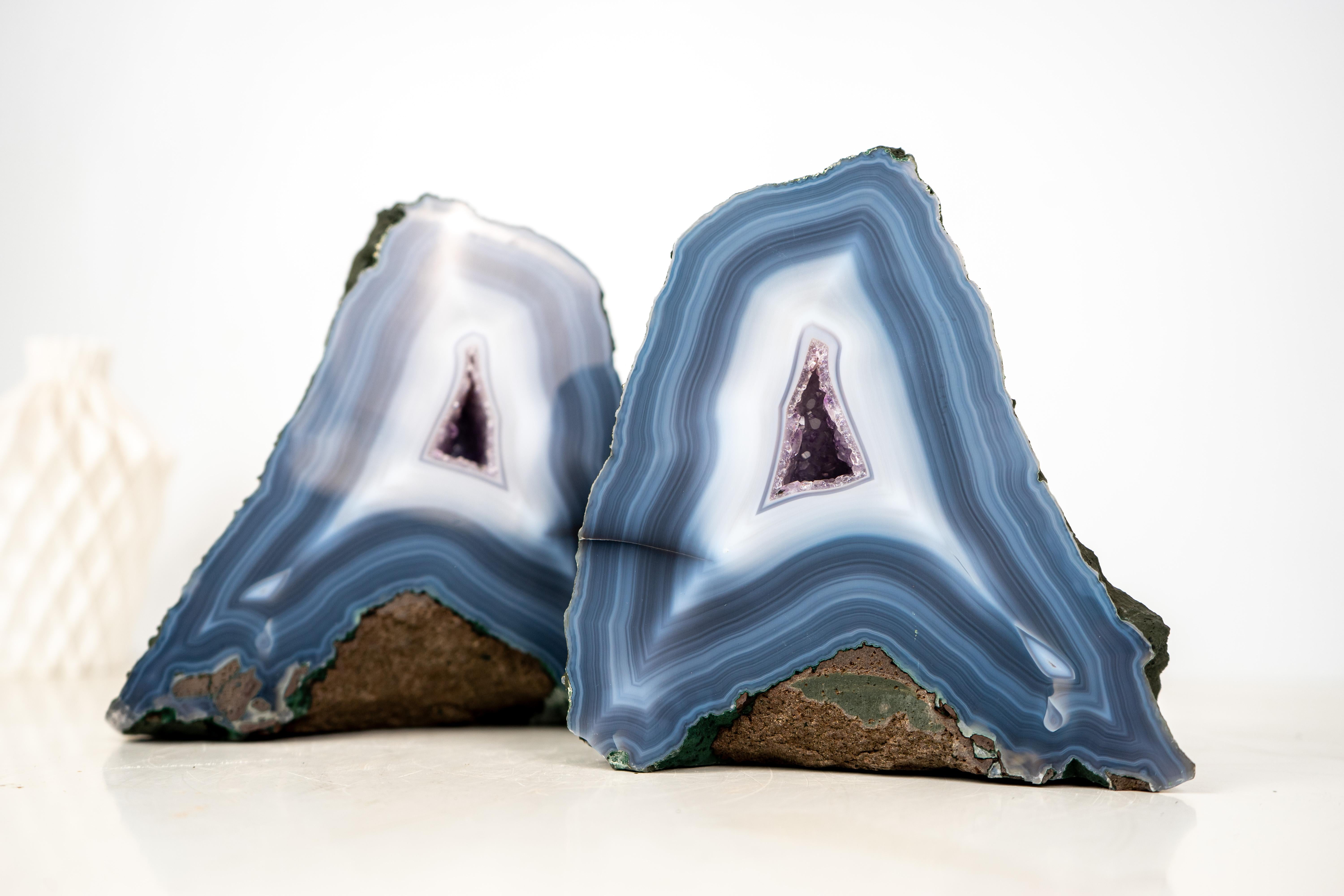 Pair of Rare Intact Blue & White Lace Agate Geodes For Sale 5