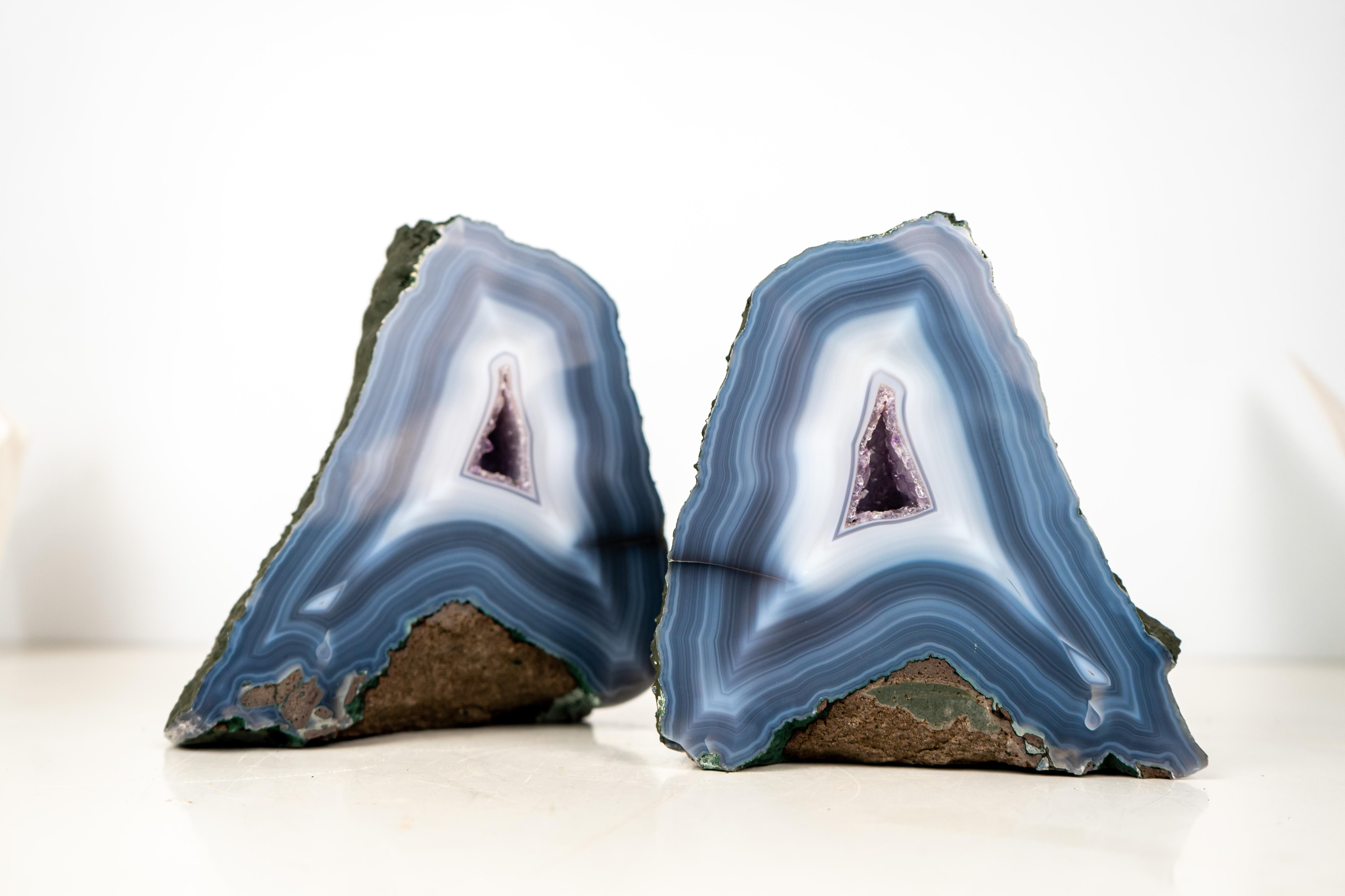 Brazilian Pair of Rare Intact Blue & White Lace Agate Geodes For Sale