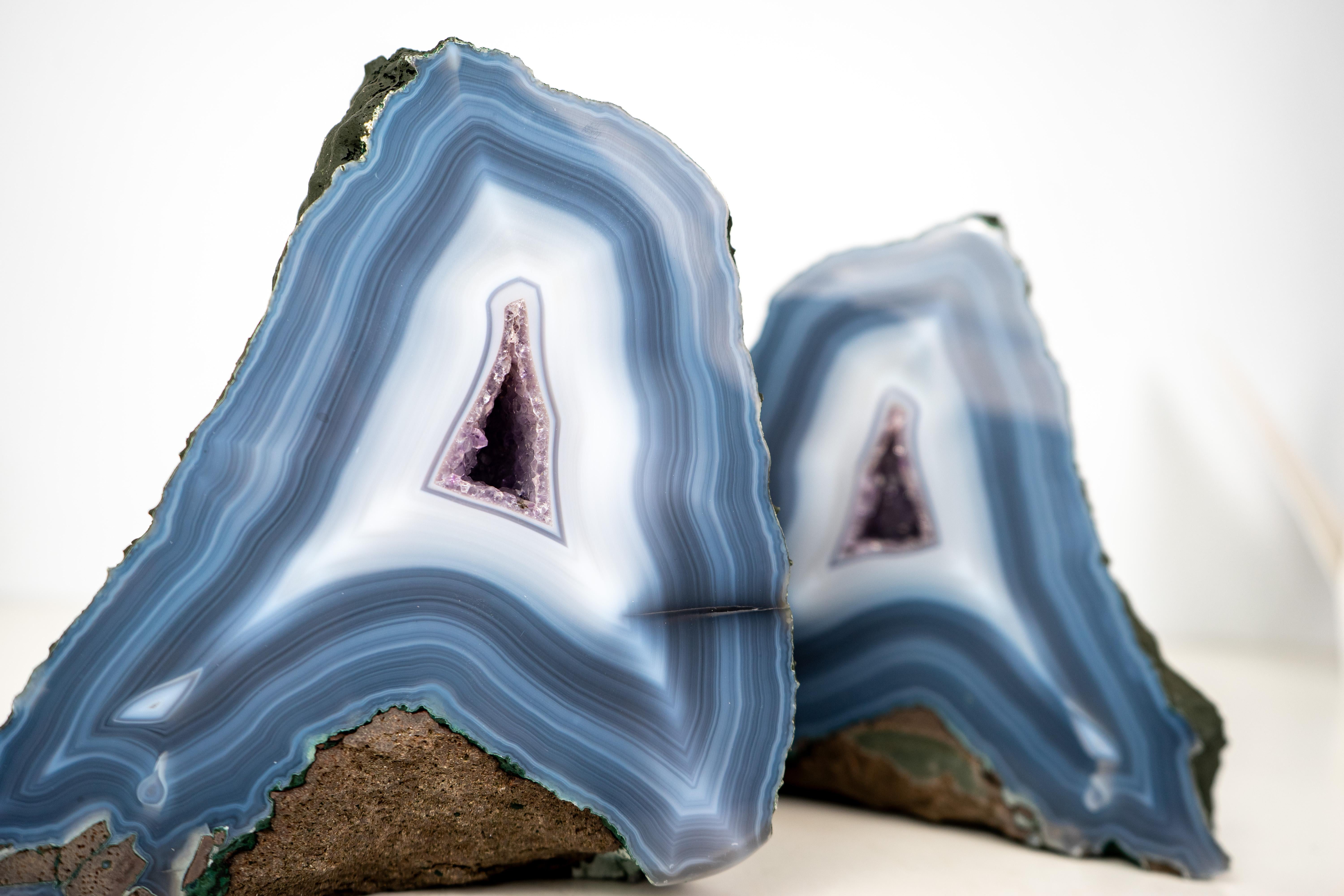 Contemporary Pair of Rare Intact Blue & White Lace Agate Geodes For Sale