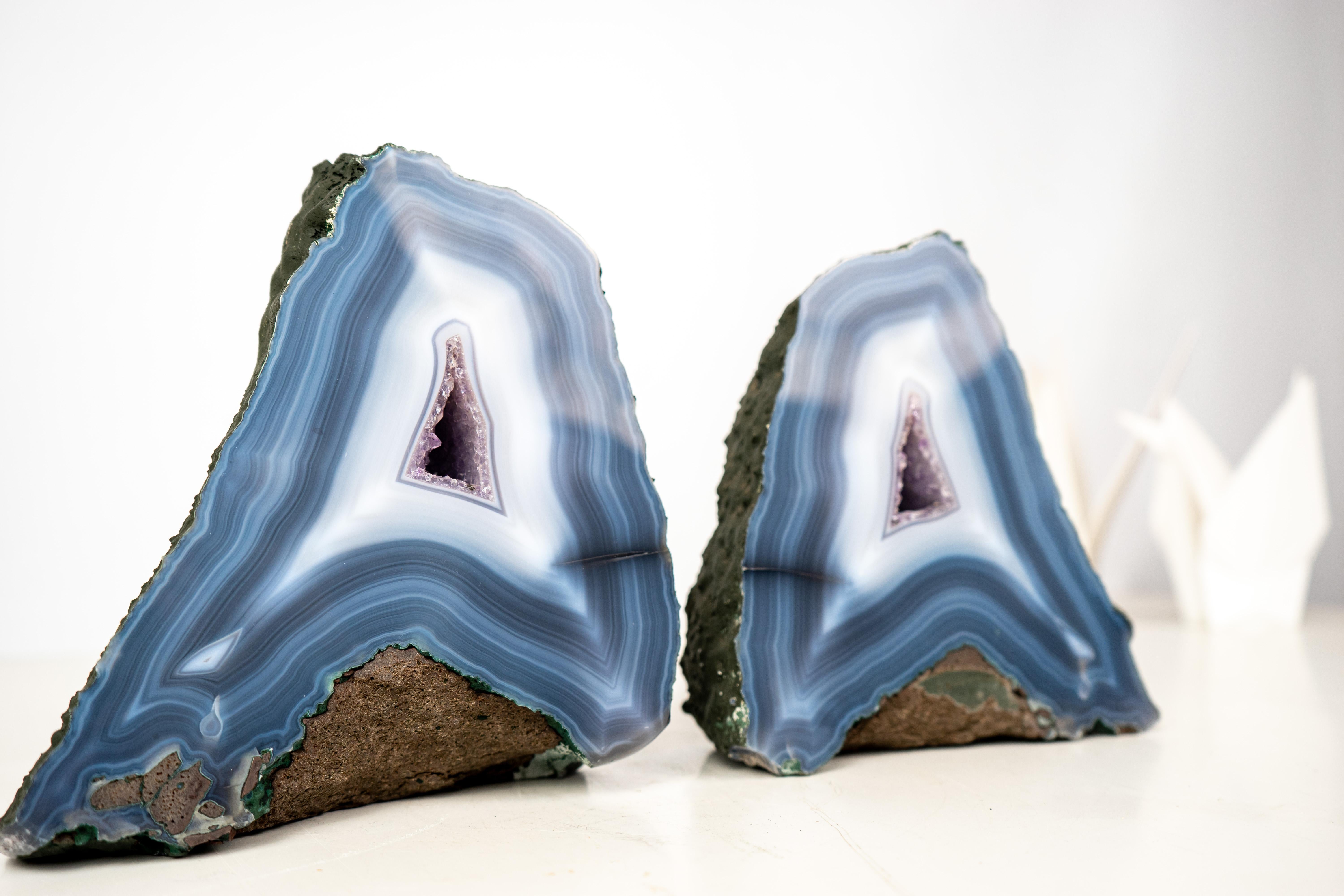 Crystal Pair of Rare Intact Blue & White Lace Agate Geodes For Sale