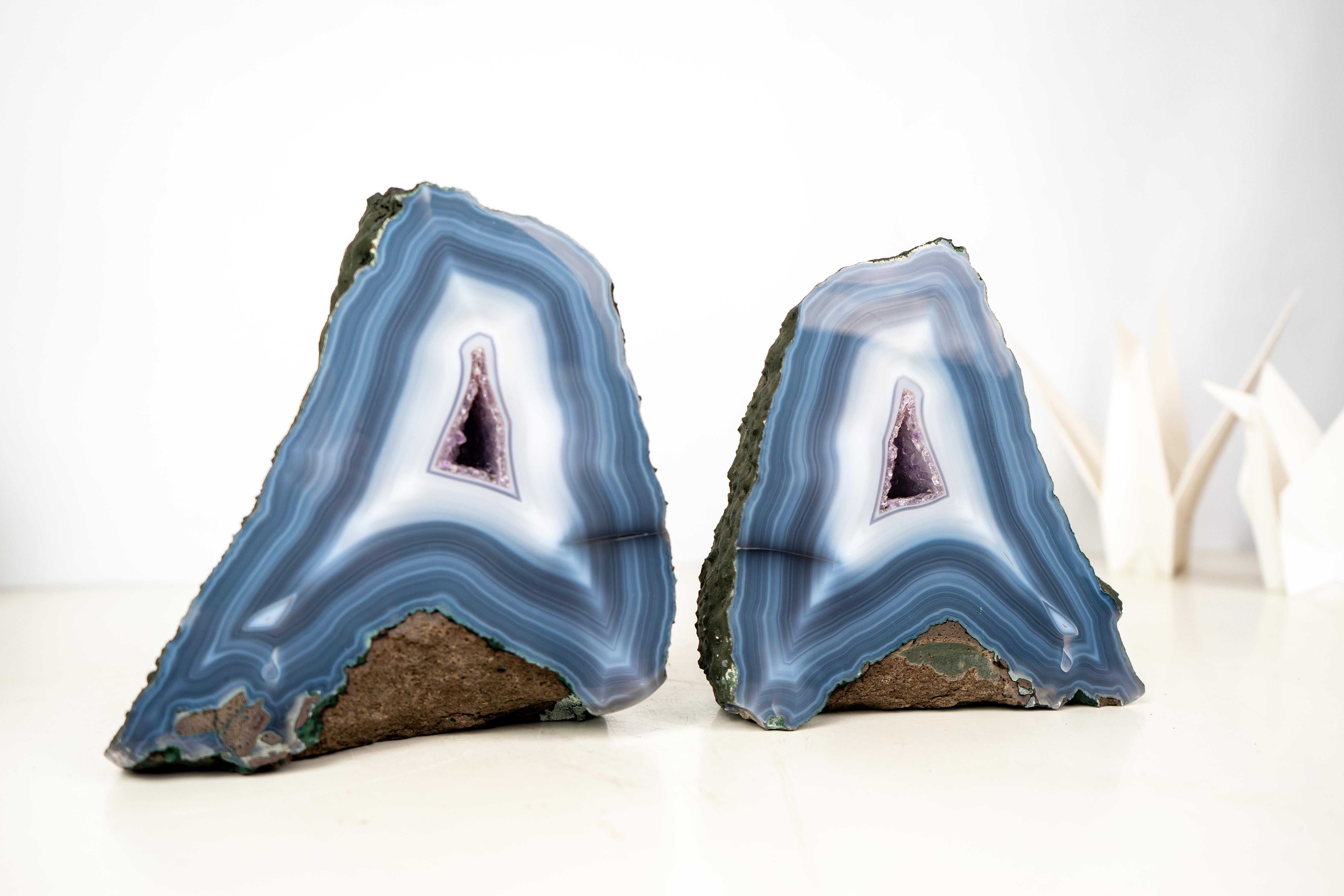Pair of Rare Intact Blue & White Lace Agate Geodes For Sale 1