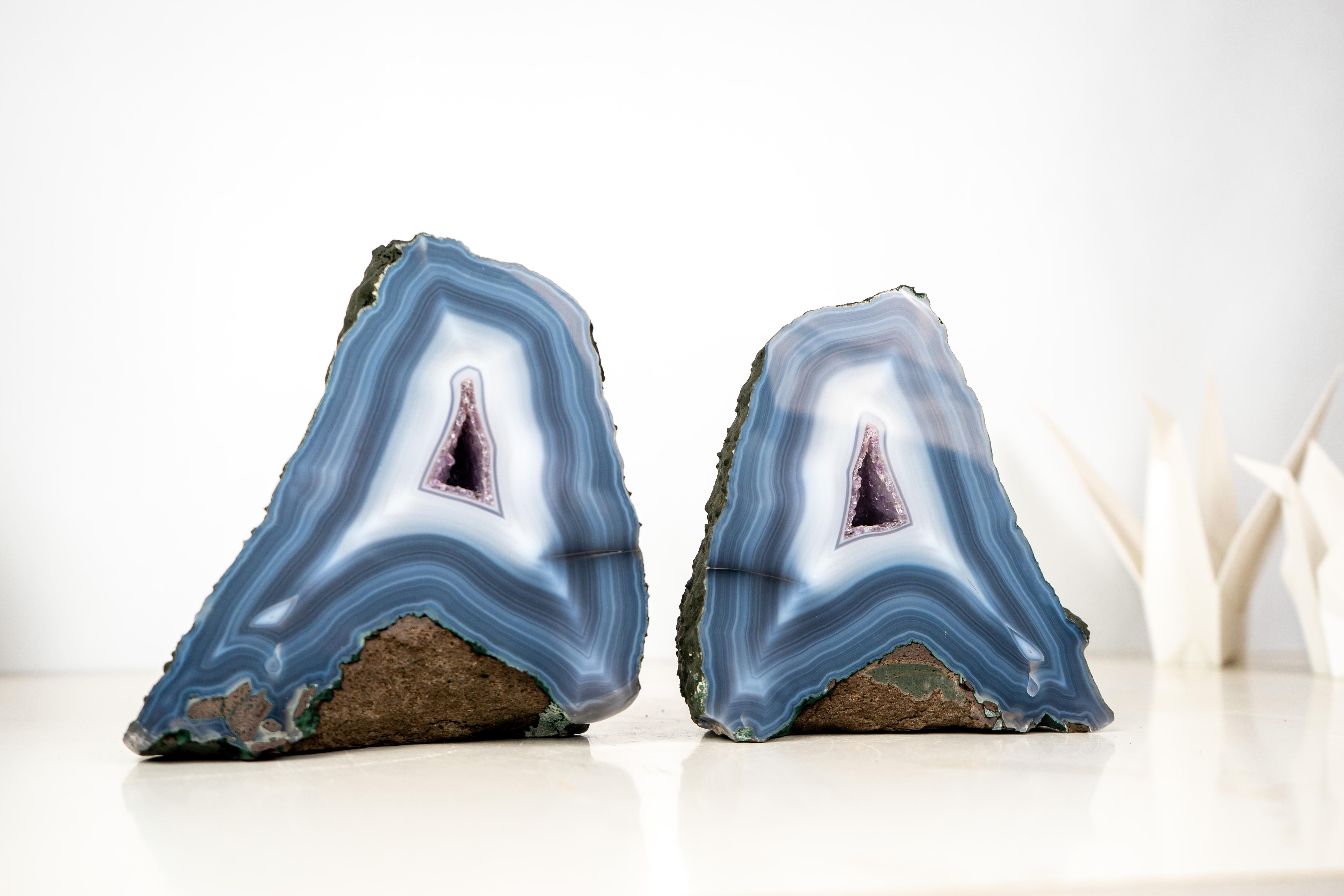 Pair of Rare Intact Blue & White Lace Agate Geodes For Sale 2