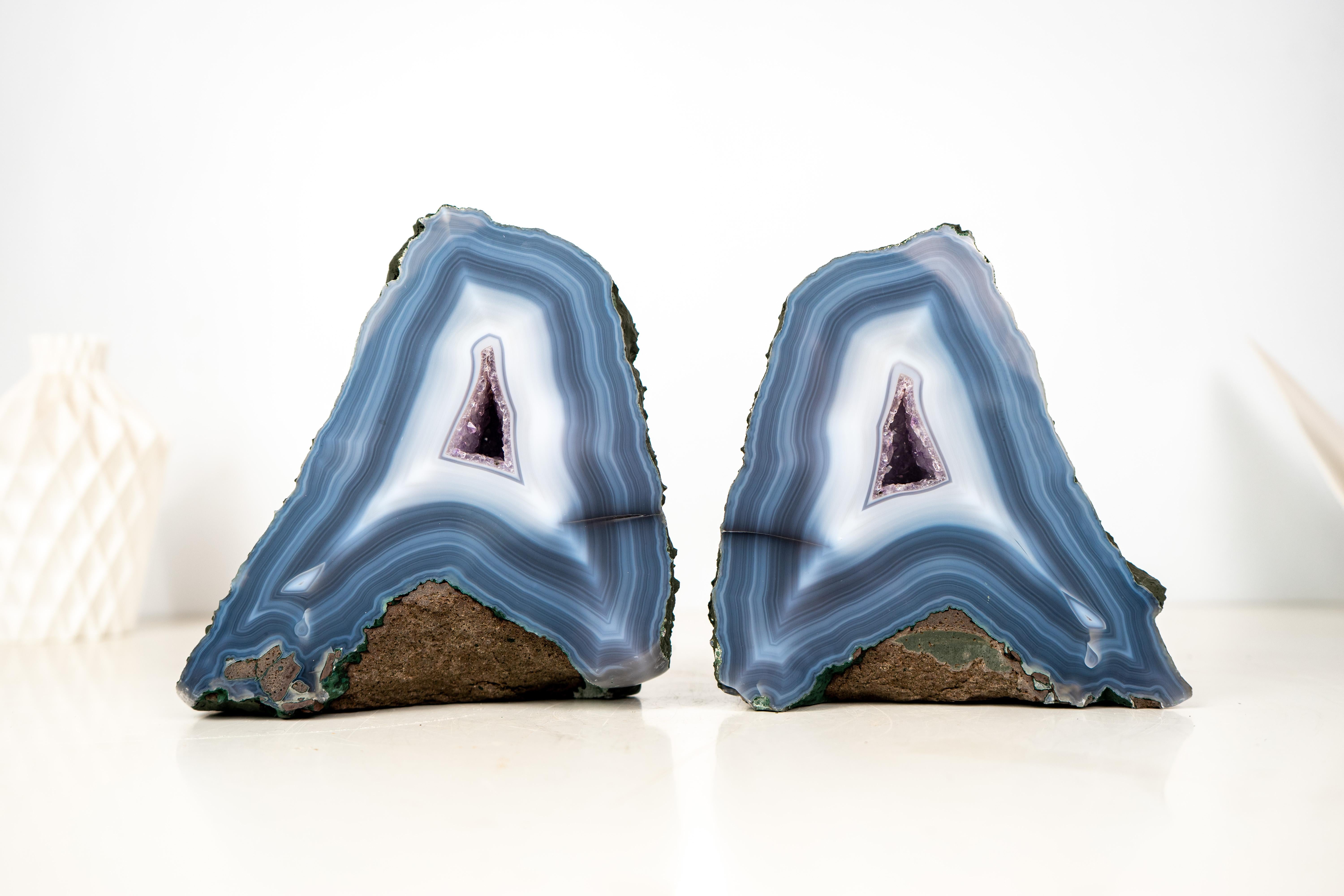 Pair of Rare Intact Blue & White Lace Agate Geodes For Sale 3
