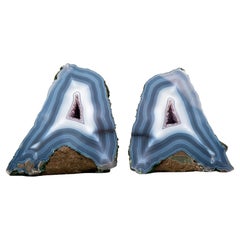 Pair of Rare Intact Blue & White Lace Agate Geodes