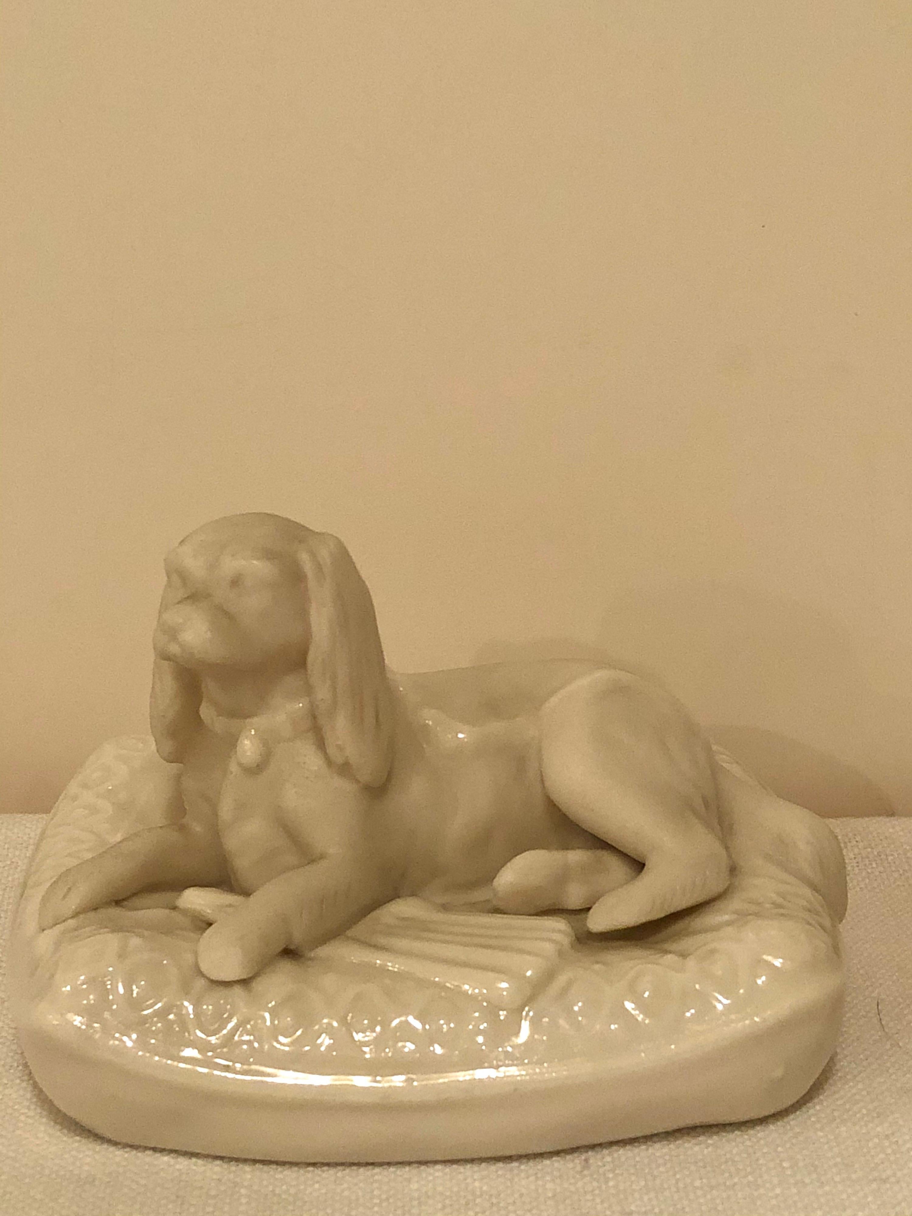 Other Pair of Rare Irish Belleek Figures of Dogs on Their Pillow Beds