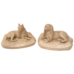 Retro Pair of Rare Irish Belleek Figures of Dogs on Their Pillow Beds