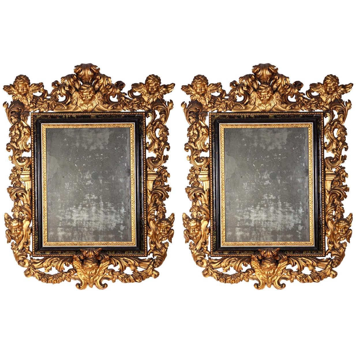Pair of Rare Italian 17th Century Giltwood Baroque Mirrors, 1680 For Sale