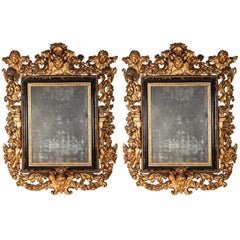 Antique Pair of Rare Italian 17th Century Giltwood Baroque Mirrors, 1680