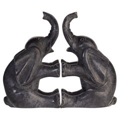 Pair of Italian Alabaster & Marble Carved Elephant Bookends Mid Century Modern