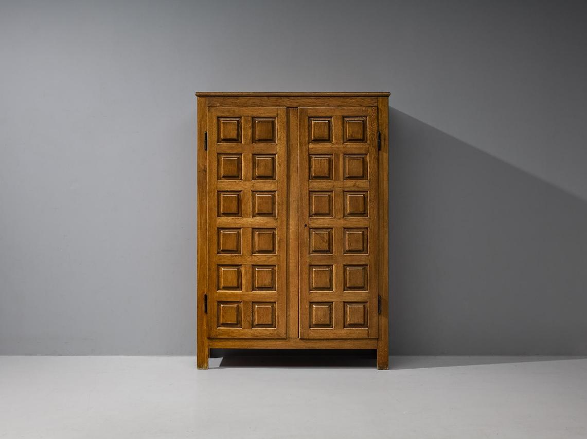 Mid-20th Century Pair of Rare Italian Brutalist Carved Oak Wardrobes For Sale