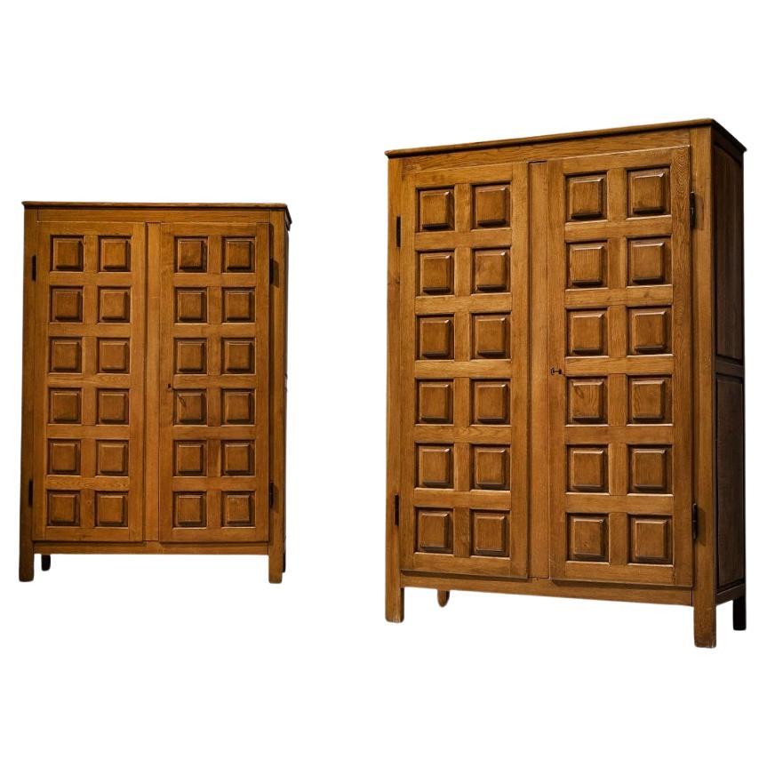 Pair of Rare Italian Brutalist Carved Oak Wardrobes For Sale