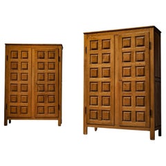 Retro Pair of Rare Italian Brutalist Carved Oak Wardrobes