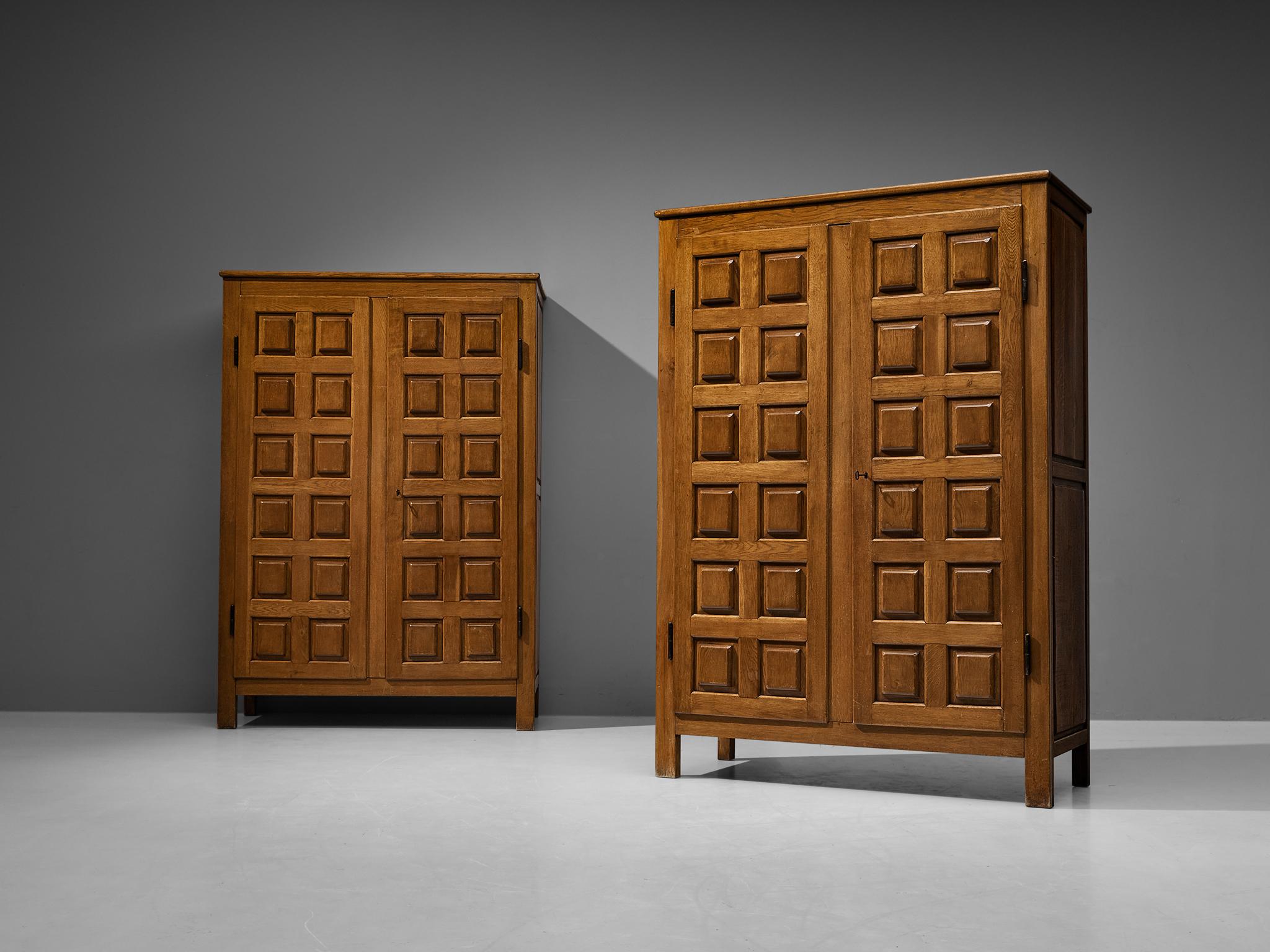 Pair of wardrobes, oak, Italy, 1960s 

This unique pair of wardrobes are based on a well-designed structure where aesthetics and functionally come hand in hand. The front holds the characteristics of the Brutalist Movement, featuring a rhythmic