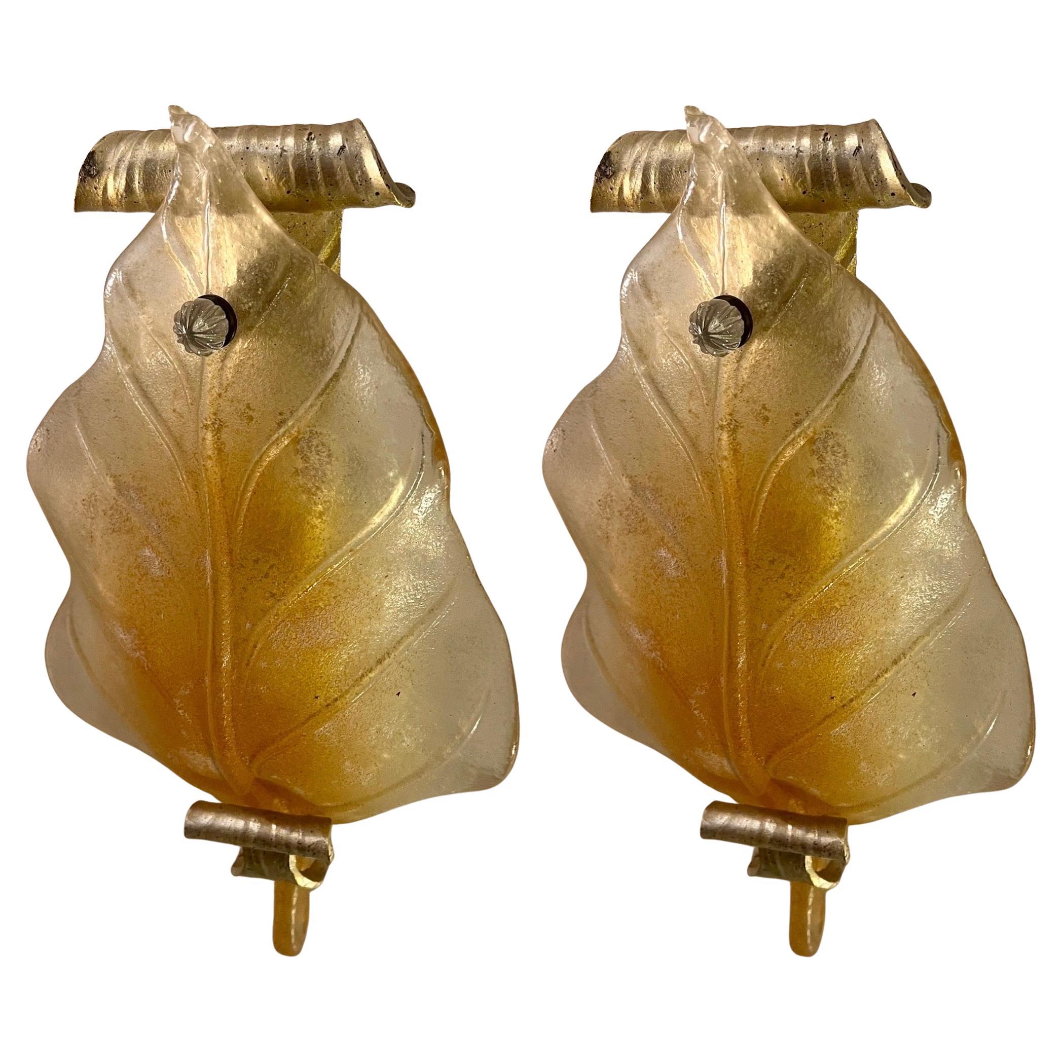 Paar seltene italienische Murano Barovier & Toso Wandleuchter Glas-Blatt (20. Jahrhundert) im Angebot