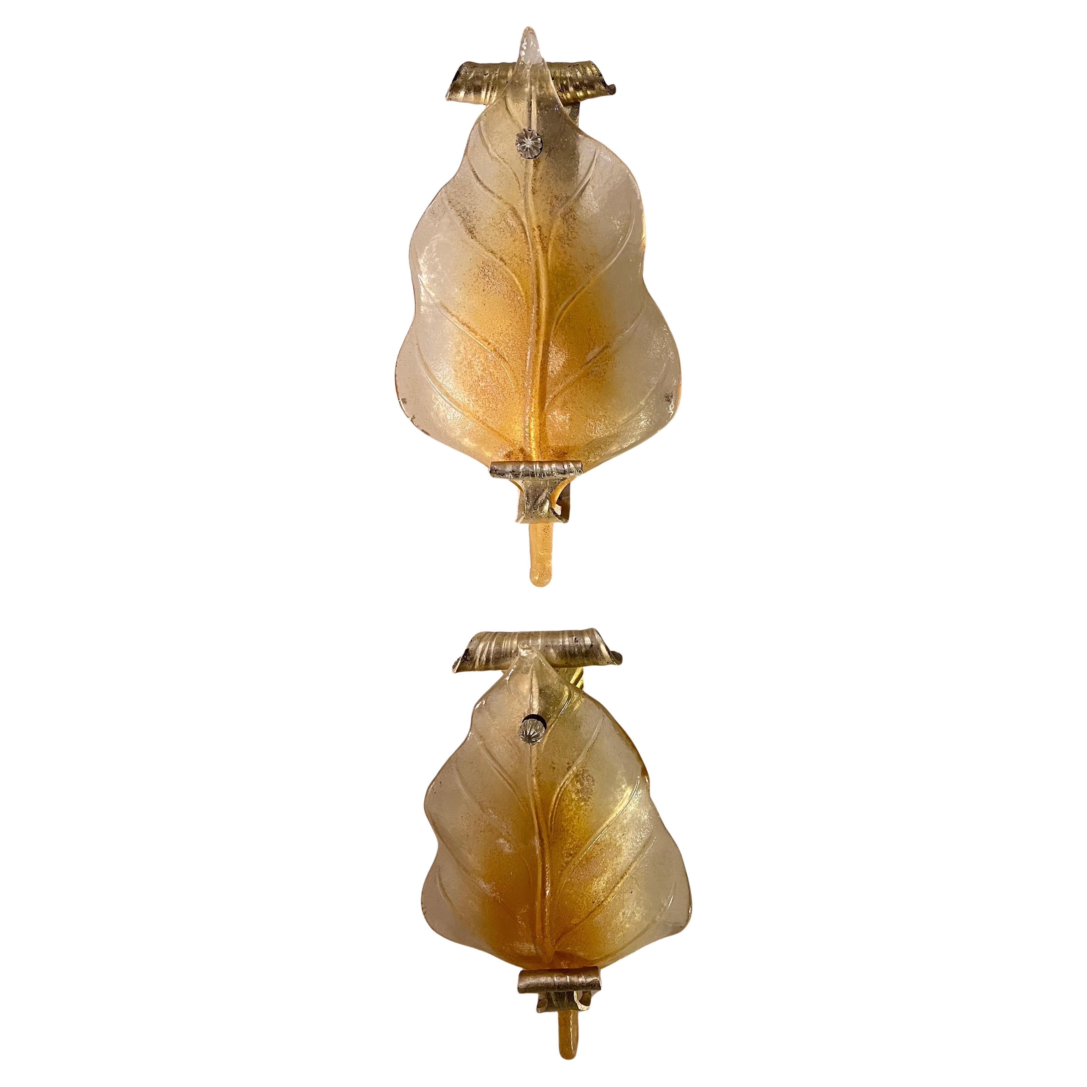 Paar seltene italienische Murano Barovier & Toso Wandleuchter Glas-Blatt im Angebot