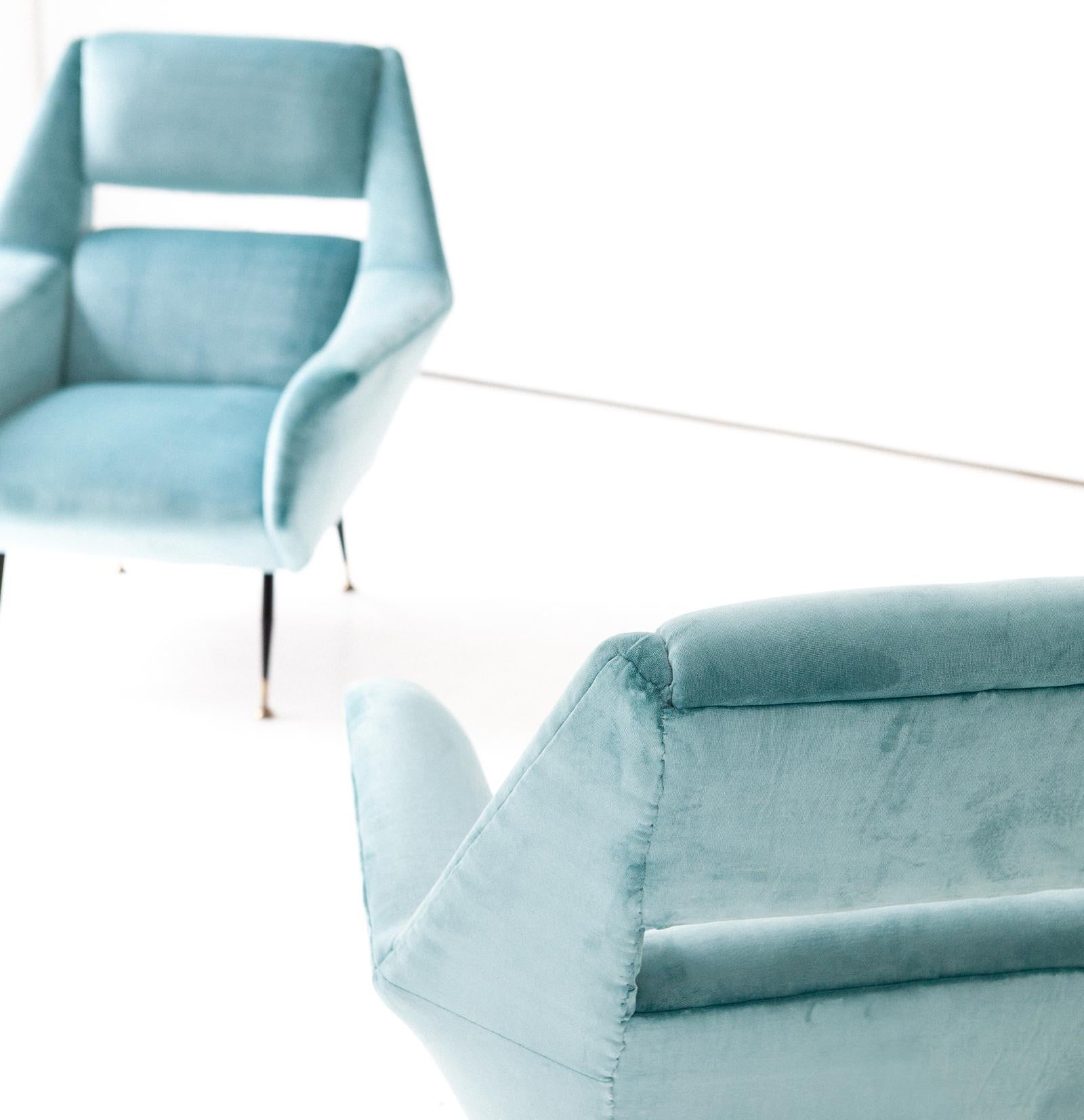 Mid-20th Century Pair of Rare Italian Turquoise Velvet Lounge Chairs by Gigi Radice for Minotti