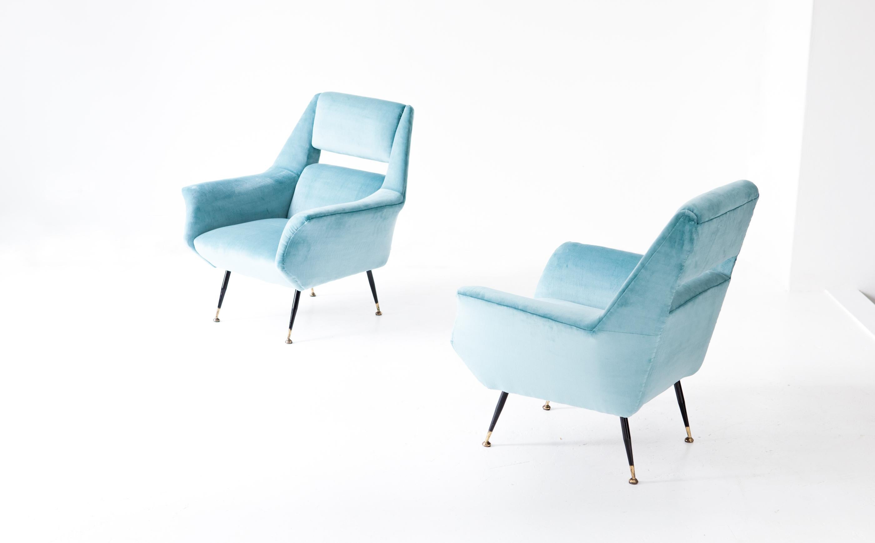 Brass Pair of Rare Italian Turquoise Velvet Lounge Chairs by Gigi Radice for Minotti